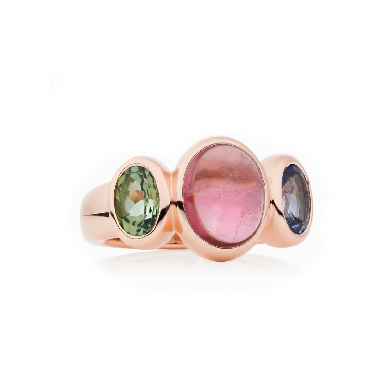 Een 18 krt roségouden ring  van Bron model Sushi met Tanzaniet en roze en groene Toermalijn