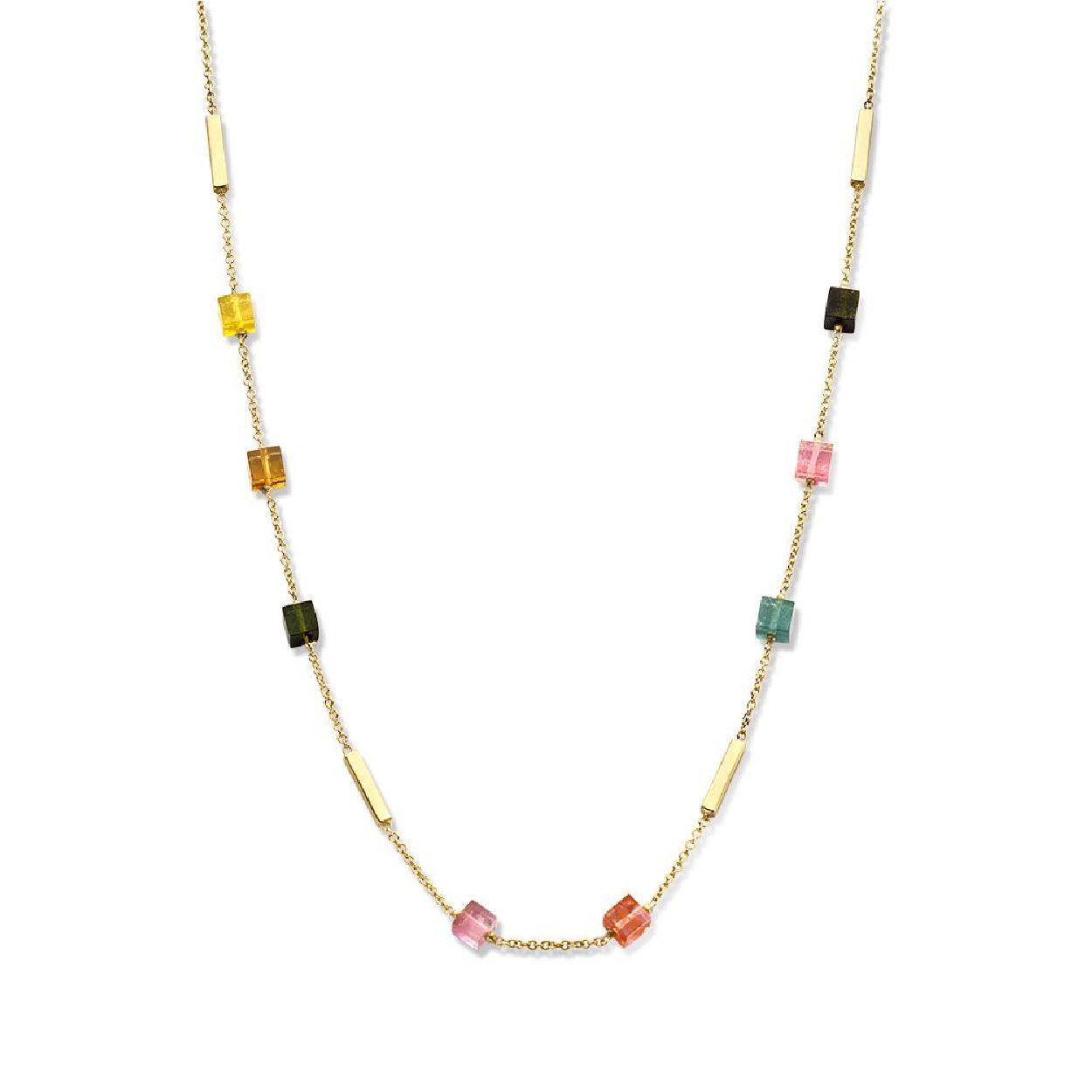 Geelgouden collier met gouden staafjes en toermalijnen blokjes in verschillende kleuren. Er is een bijpassende armband verkrijgbaar.