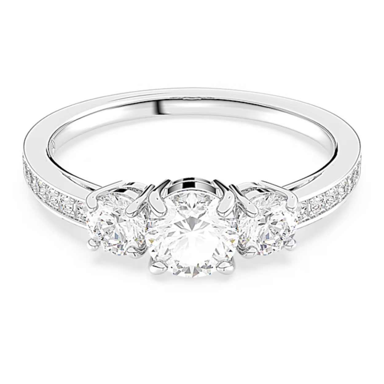 De Attract-lijn is gemaakt voor elke gelegenheid en heeft een moeiteloos elegante uitstraling. Deze klassieke ring biedt een ongekende schittering door heldere kristallen en een drietal precisiegeslepen Swarovski Zirkonia te combineren met een glanzende zilverkleurige afwerking. Een prachtig sieraad dat elke dag gedragen kan worden en perfect past bij andere sieraden uit de Attract-lijn.