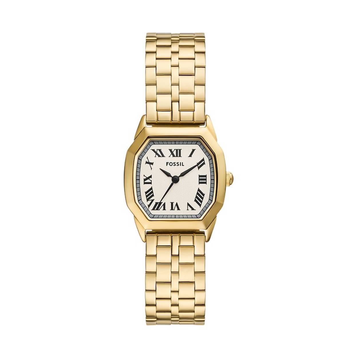 Geïnspireerd door een klassieker uit de archieven, brengt Harlow de verfijning van het verleden naar het heden. Dit gedetailleerde gepolijste, goudkleurige roestvrijstalen armbandhorloge met vijf schakels heeft een achthoekige kast, getextureerde crèmekleurige wijzerplaat en een uurwerk met drie wijzers.