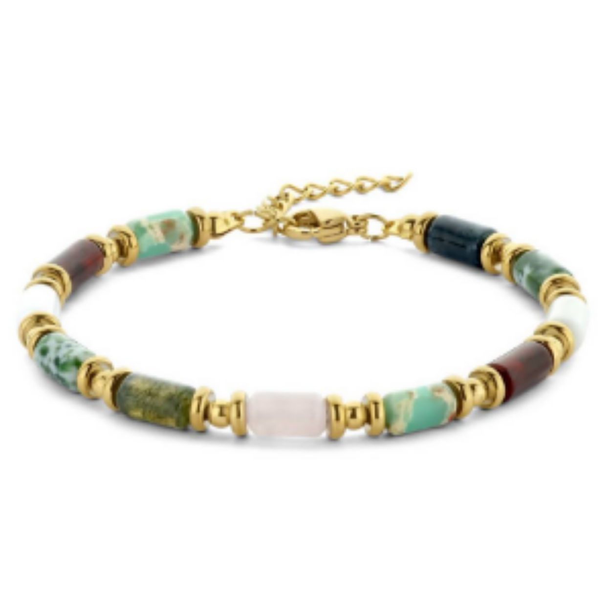 Stalen armband natuursteen 4.5mm 19cm. Howliet, rozenkwarts, paars aventurijn, indiaas agaat en groen jaspis.