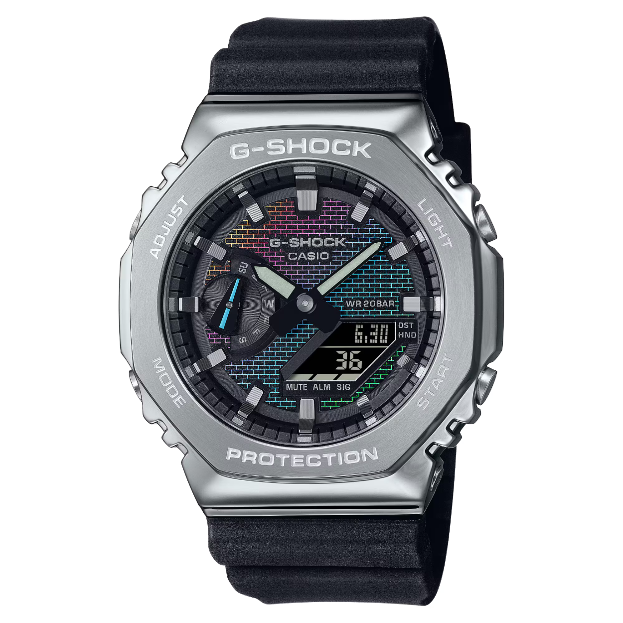 Nog een steen in de muur, dit keer in alle kleuren van de regenboog. Maak kennis met opvallende ontwerpen met horlogeglas of wijzerplaat met het originele bakstenen-muurpatroon van de allereerste G-SHOCK, volledig in kleur. 

Dampafzetting in regenboogkleuren reproduceert de symbolische bakstenen muur in briljante regenboogtinten die verschuiven en veranderen afhankelijk van het licht. Het kleurrijke ontwerp blijft trouw aan de oorsprong van G-SHOCK met de stoere mentaliteit die nodig is om barrières te overwinnen en voortdurend grenzen te verleggen. 

Kies je favoriet uit de iconische 5600-modellen of de analoog-digitale combinatiemodellen uit de 2100-serie. 

Voor de modellen DW-5600 en GM-5600 is het horlogeglas voorzien van het kleurverschuivende baksteenpatroon dat wordt gereproduceerd met dampafzetting in een overgang van regenboogkleuren. Voor de GA-2100- en GM-2100-modellen wordt het iriserende baksteenpatroon van de wijzerplaat bereikt met een combinatie van zilveren dampafzetting, lasergravure en regenboogkleurige bedrukking. 

Een cool, kleurrijk modeaccessoire met een dynamisch ontwerp dat vanuit elke hoek de aandacht trekt.