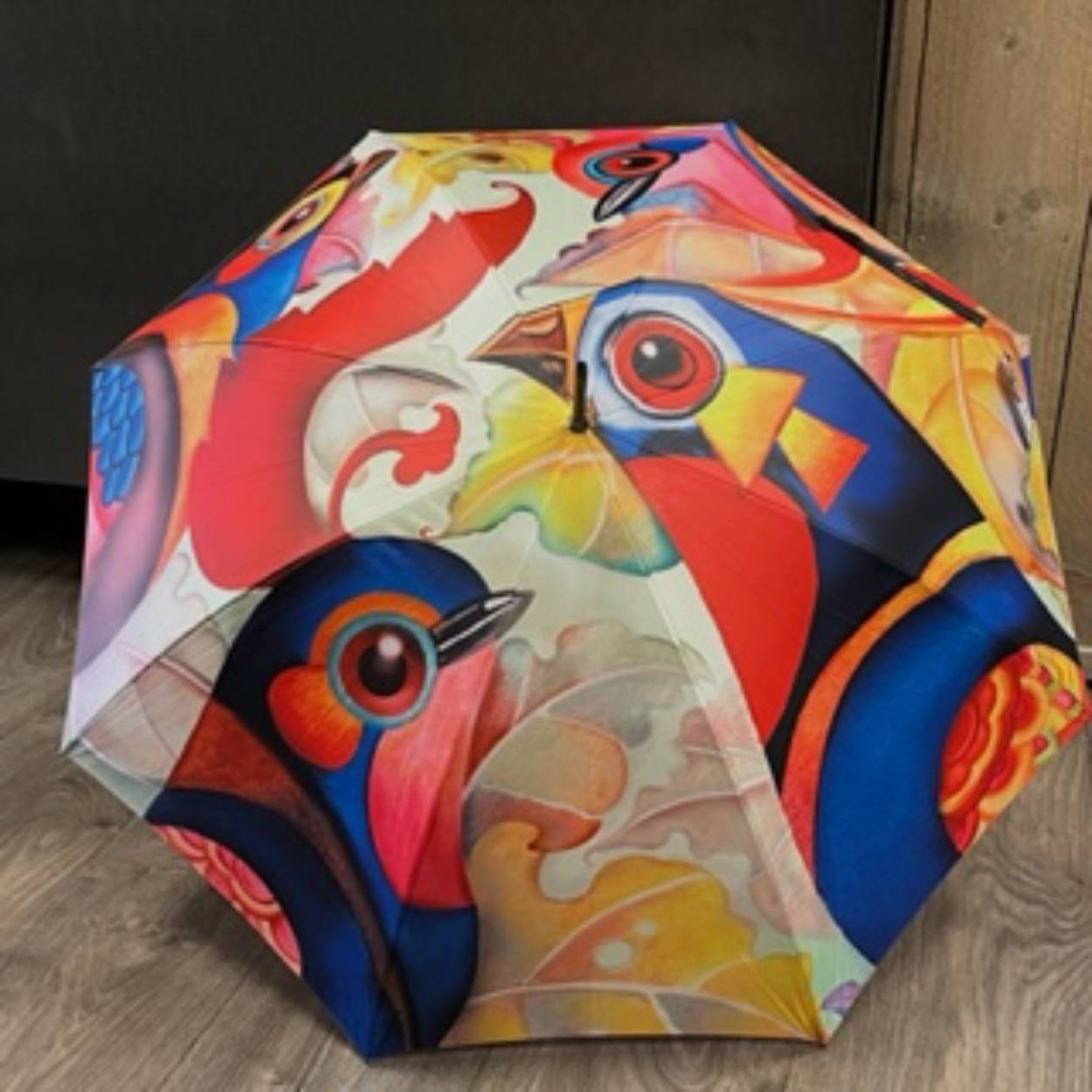 Leuke paraplu met vogel print.