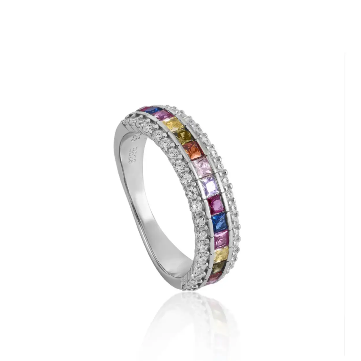 Ring with multicolor emerald cut stones for women. Colors and shapes that will surprise you, perfect to combine with your favorite outfits. Ring with emerald cut stones in shades of fuchsia, azurite, pink, yellow, red, lavender, orange and kaki with white zirconia around the edge. Ideal to match with the matching earrings and bracelet, you will love them!