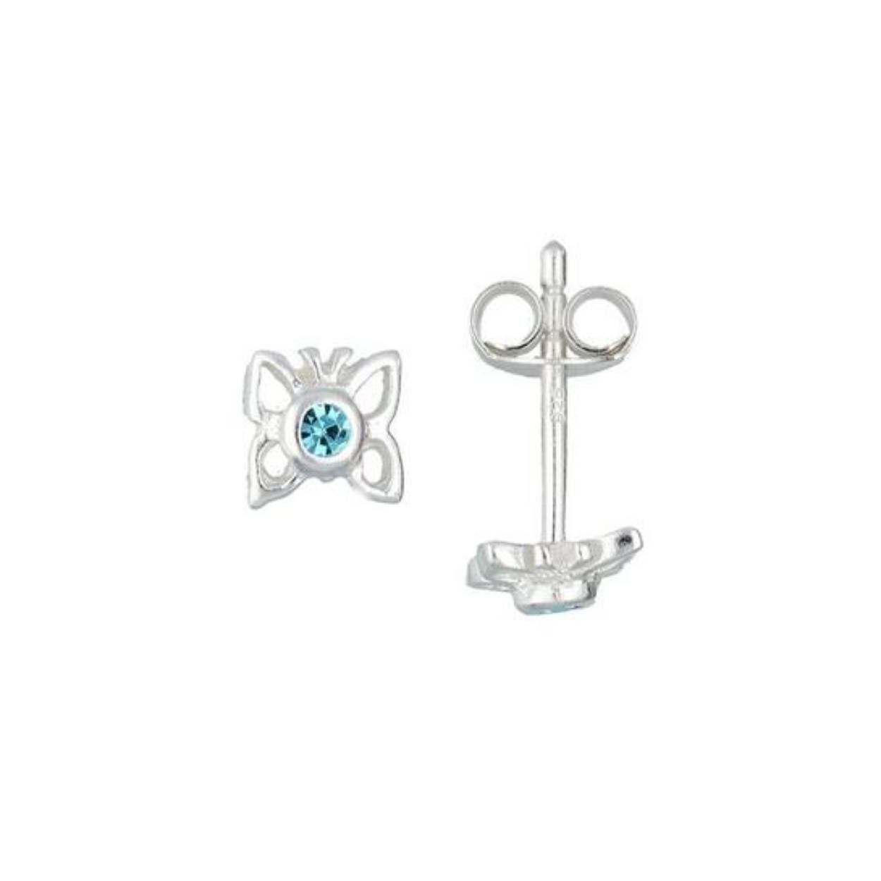 Zilver oorknop vlinder met aqua zirkonia 
