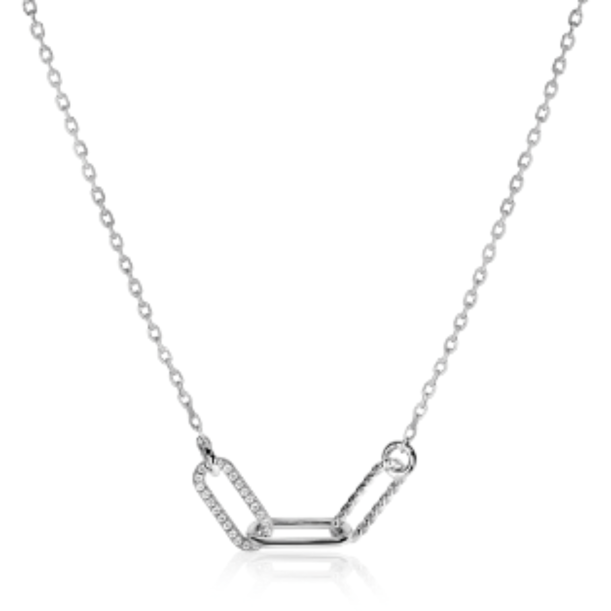 ZINZI zilveren ketting 45cm met drie trendy paperclip-schakels: met gladde buis, gedraaide buis of bezet met witte zirconia's. De lengte van de ketting is te variëren tussen 42 en 45cm door het handige verlengkettinkje.