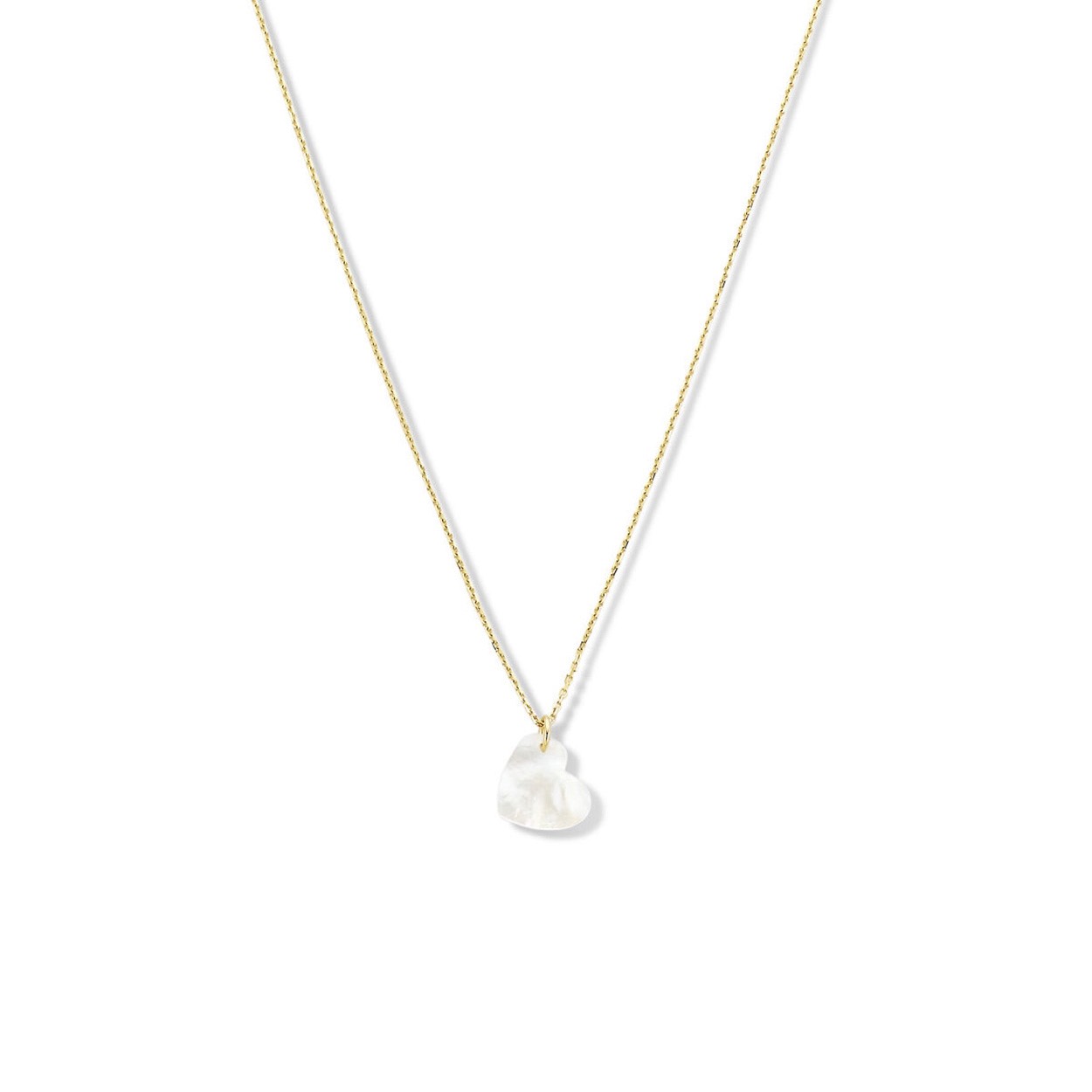14k Geelgouden collier uitgevoerd met eenparelmoer hartje. Het collier heeft draaglengtes van 40, 42 en 44cm. Het hartje heeft een afmeting van 7x8mm.