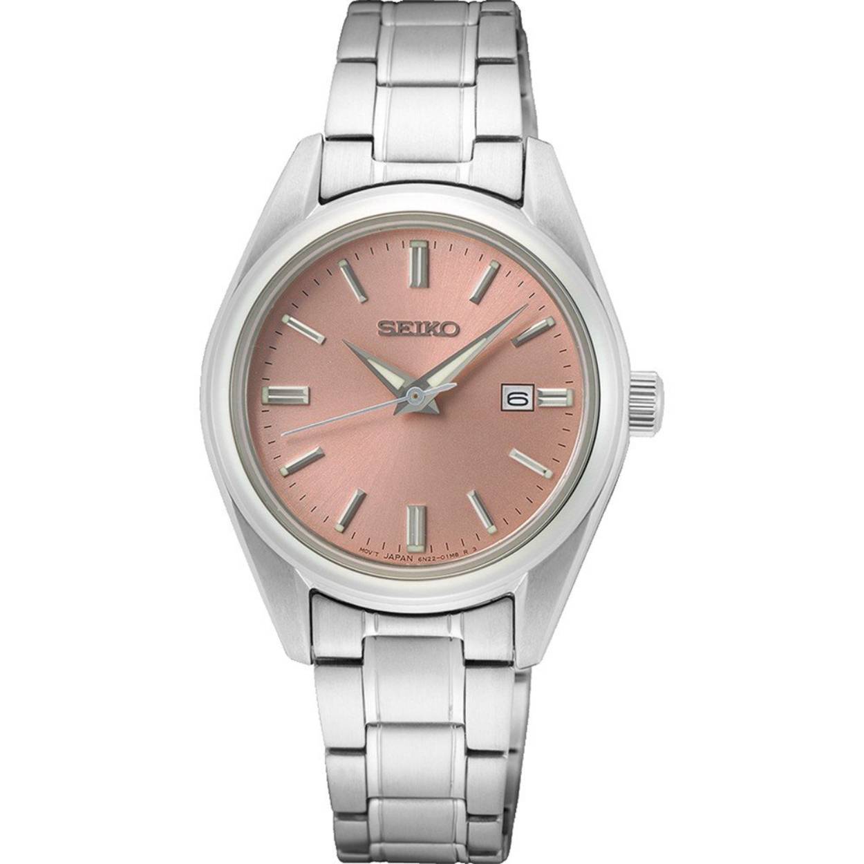 Dit is een dameshorloge van het merk Seiko. Het is een analoog horloge gemaakt van staal. De diameter van de kast is 29.8 mm en de kast is 8.8 mm dik.
De verdere specificaties van het horloge zijn als volgt:
Kastvorm: rond
Kastkleur: zilverkleurig
Kastmateriaal: staal
Bandbreedte: 14 mm
Bandlengte: 184 mm
Sluiting: vouwsluiting met drukker
Wijzerplaatkleur: roze
Glassoort: saffier glas
Waterdichtheid: 10 ATM
Techniek: quartz