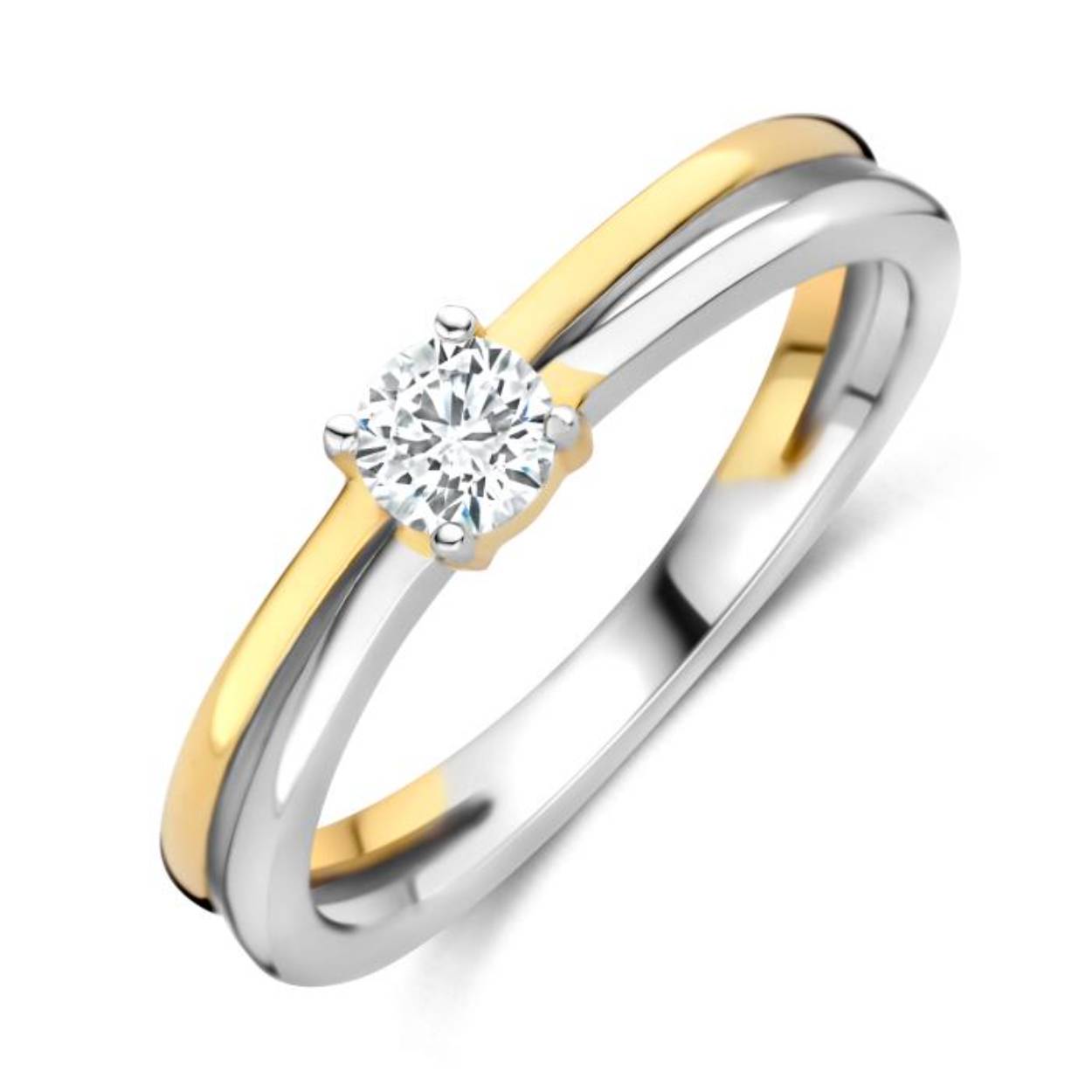 De ring is vervaardigd uit zilver en deels met laagje plaque. De ring heeft een grote zirkonium steen, solitair model.