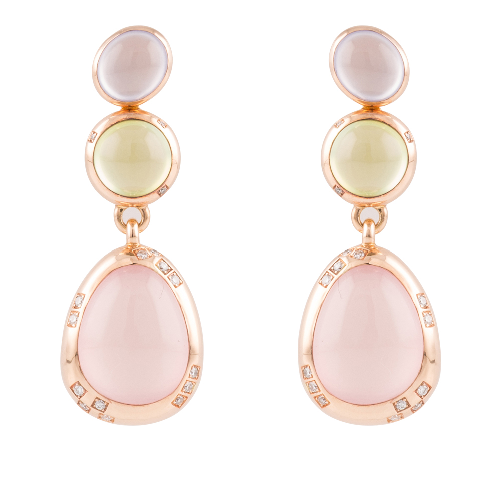 Artur Scholl 18krt. rose gouden oorstekers met chalcedoon/prehniet/rozenkwarts/diamant