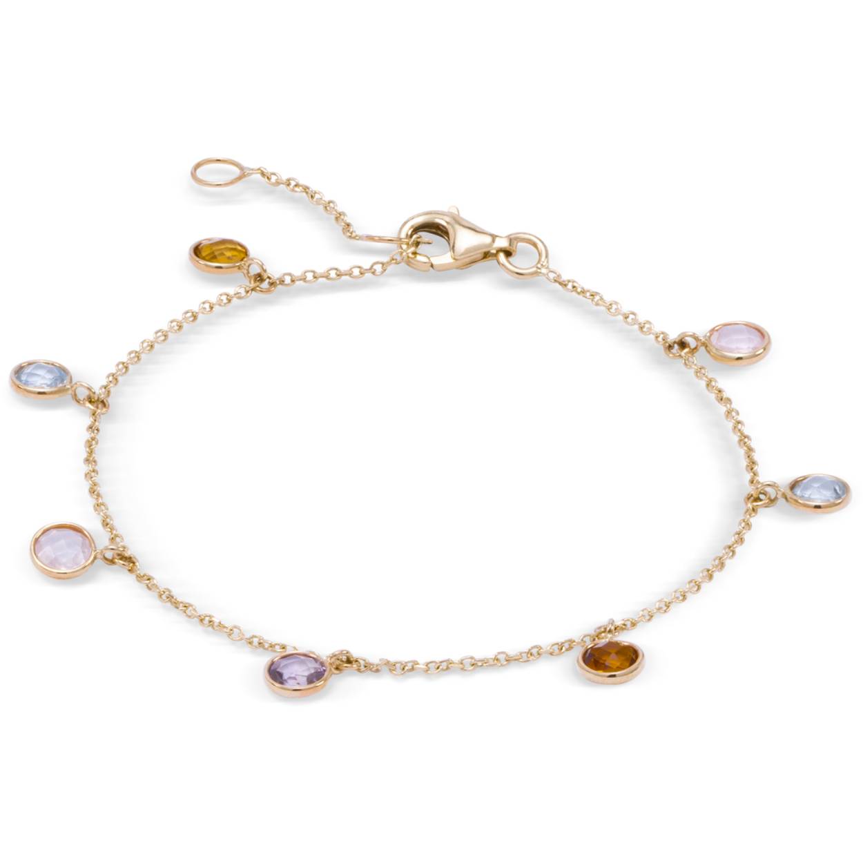 Ontdek de tijdloze elegantie van de JH Brummer Armband. Met een lengte van 19 centimeter en vervaardigd van hoogwaardig 14-karaats goud, is deze armband een verfijnde toevoeging aan je sieradencollectie. Versierd met schitterende edelstenen zoals citrien, amethist, blauwe topaas en rozekwarts, straalt dit stuk luxe en klasse uit. Draag het met trots voor elke gelegenheid en voeg een vleugje natuurlijke schoonheid toe aan je look.