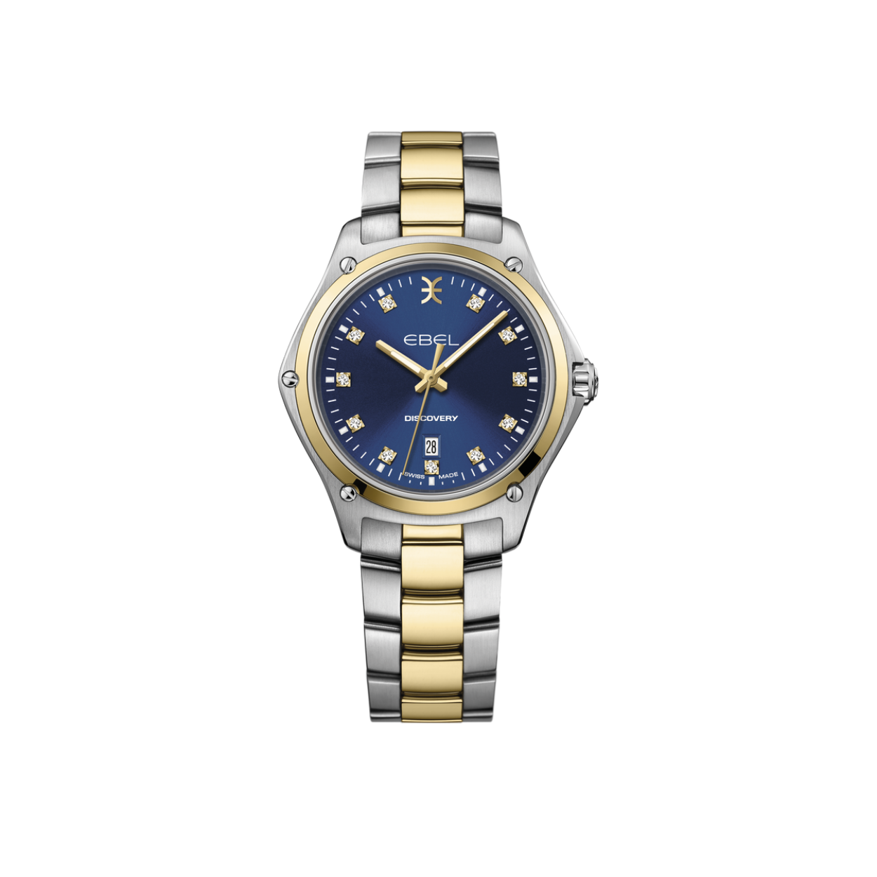 Ebel Discovery 
Sportief dameshorloge van Ebel. Het horloge heeft een bicolor stalen band en een bicolor staal en 18kt  geelgouden kast. De wijzerplaats is mooi diep blauw van kleur, waarin op de indexen diamanten zijn gezet (11 diamanten, 0.072ct. Si). Daarnaast heeft de wijzerplaat ook het welbekende Ebel logo, en een weergave voor de datum. Het glas is gemaakt van ontspiegeld saffierglas. 