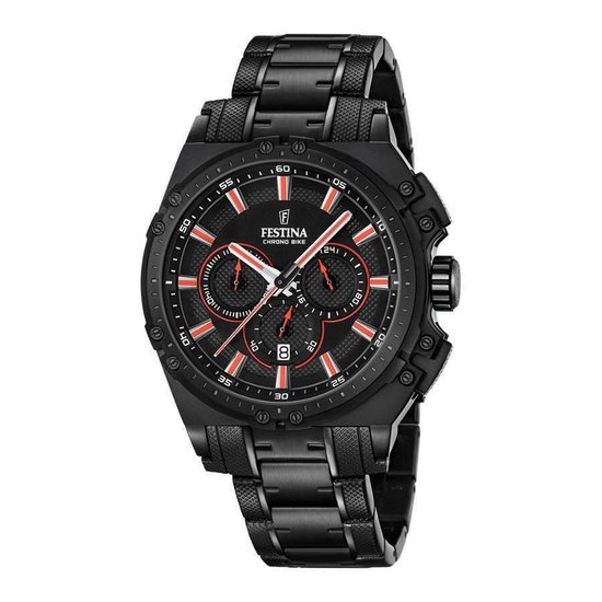 Een chronograaf heren horloge met zwart stalen kast en band.