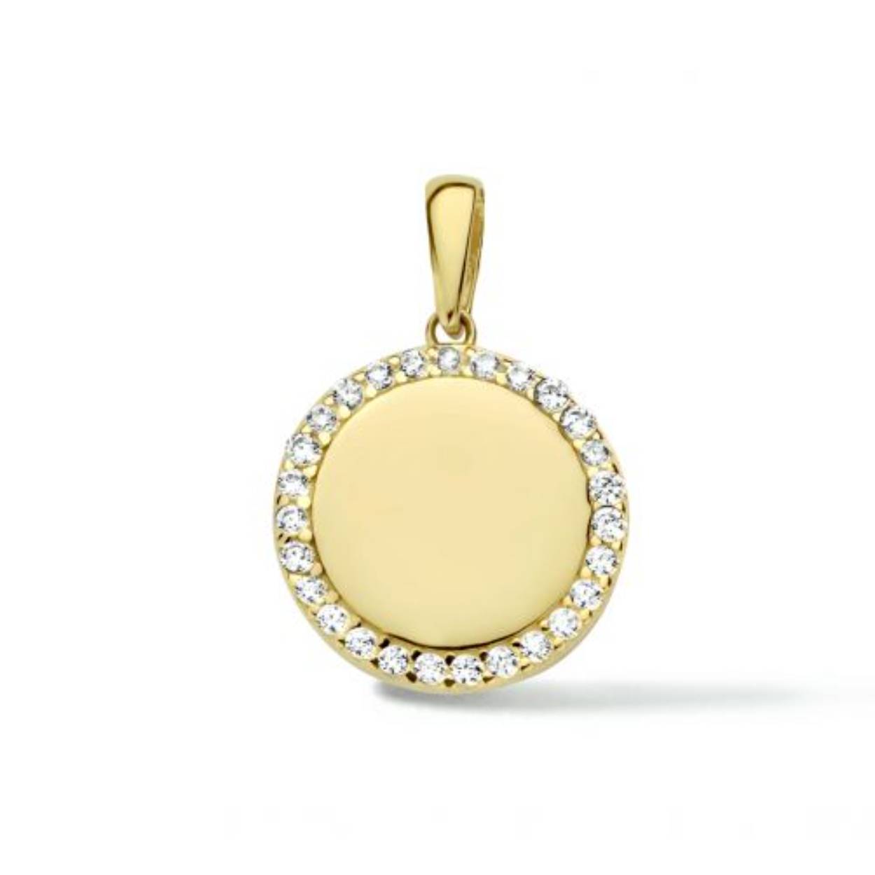 14k Geelgouden ronde graveerhanger uitgevoerd met een schitterende zirkonia rij. De hanger heeft een totale hoogte van 1.8cm en een diameter van 12.5mm.

