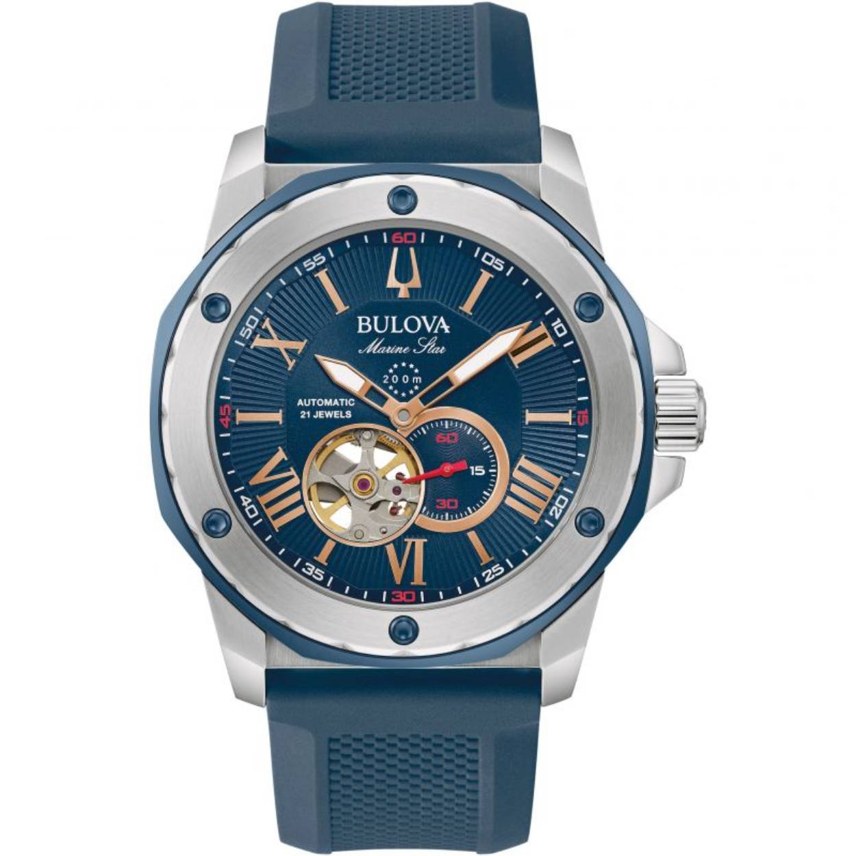 Dit Bulova horloge heeft een roestvrijstalen kast met een diameter van 45mm en is voorzien van een rubberen band. In de kast bevindt zich een kwaliteitsuurwerk en is afgewerkt met mineraalglas.

Het horloge is 20ATM. Dit betekent dat het horloge geschikt is voor duiken. Verder wordt het horloge geleverd met 2 jaar wereldwijde garantie.