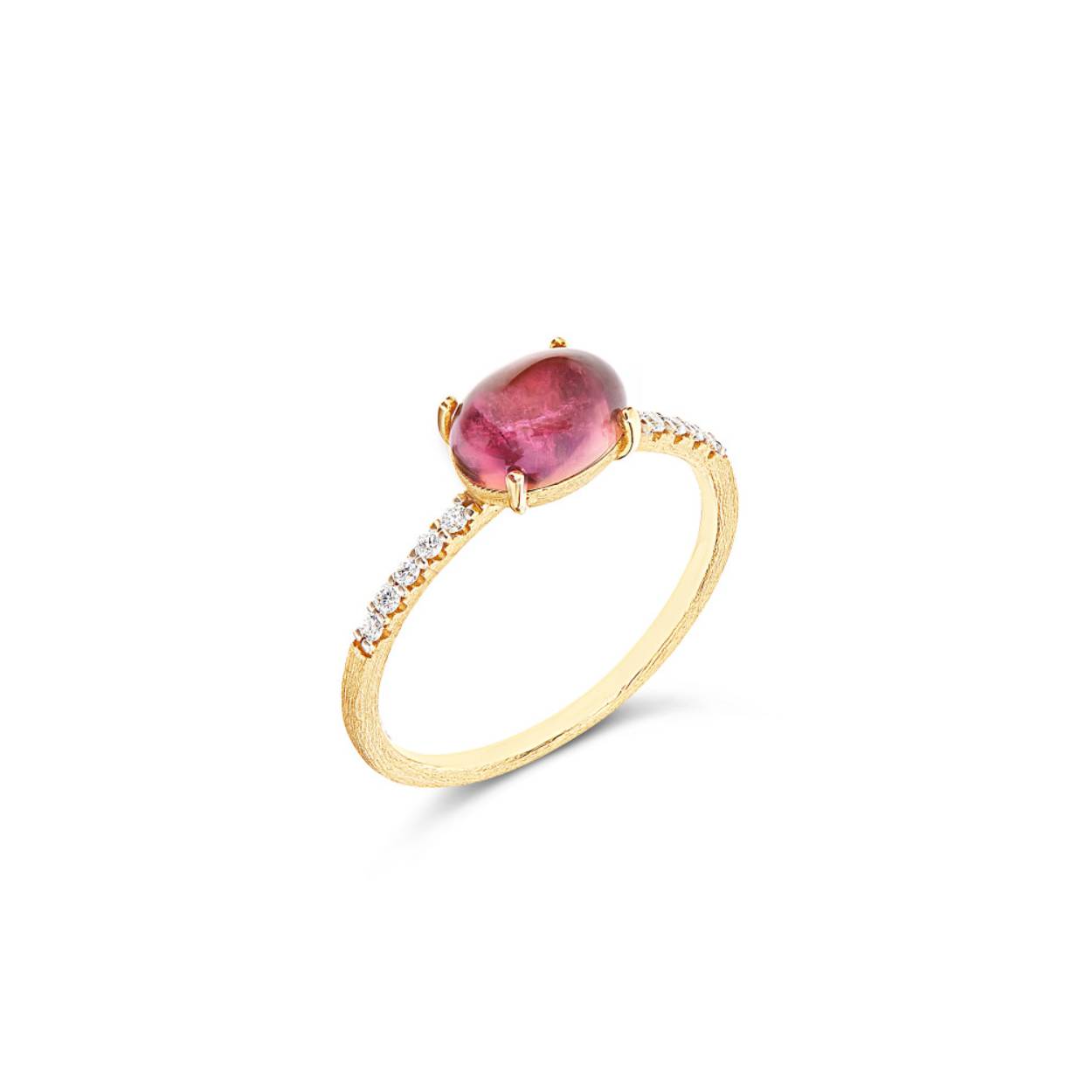 De roze toermalijn, een van de meest fascinerende stenen in de natuur, wordt omarmd door diamanten en 18-karaats goud in deze ring die zich onderscheidt door minimalistische elegantie. Een vleugje kleur om aan je vinger te dragen!

Geel gouden ring 750 met diamant 0.09ct met rose toermalijn.