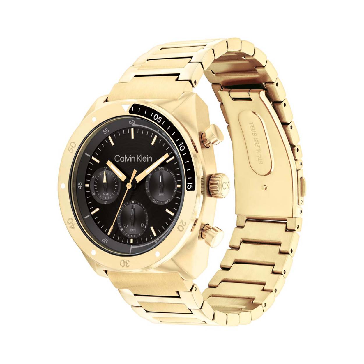 Calvin Klein CK25300465 Heren Staal Horloge 42mm
Dit Calvin Klein herenhorloge met nr CK25300465 is een stijlvol ontwerp. De goudkleurige ronde stalen kast heeft een bewerkte bezel en een geschuurde zwarte wijzerplaat met dag, datum en 24-uursaanduiding. De wijzers en strepen zijn ingelegd met lumibrite. Aan de kast zit een goudkleurige stalen mat glanzende schakelband met vouwsluiting. Het herenhorloge heeft een mineraalglas, een doorsnee van 42mm en is 5ATM.

OVER CALVIN KLEIN
Calvin Klein is een wereldwijd lifestylemerk dat gewaagde, vooruitstrevende idealen en een verleidelijke, vaak minimalistische, esthetiek nastreeft. Calvin Klein werd groot in de jaren 70 door haar mode- en merkjeans collecties. In de jaren 80 lanceerde Calvin Klein haar spraakmakende ondergoed dat uitdrukkelijk van logo ’s voorzien was. Vanwege het grote succes is het merk ook succesvol uitgerold in Accessoires, Parfums, Home, Brillen, Golf, Horloges en Sieraden.
Sinds de oprichting in 1968 door Calvin Klein, heeft het merk haar reputatie opgebouwd als leider in de Amerikaanse mode, dankzij een cleane esthetiek en innovatieve ontwerpen. Calvin Klein wil haar publiek verleiden en inspireren door middel van provocerende beelden en opvallende ontwerpen die prikkelen. 

SPECIFICATIES:
- Mineraalglas
- Goudkleurige stalen kast
- Zwarte wijzerplaat 
- Goudkleurige schakelband
- Ronde kastvorm, Ø 42mm
- 5ATM