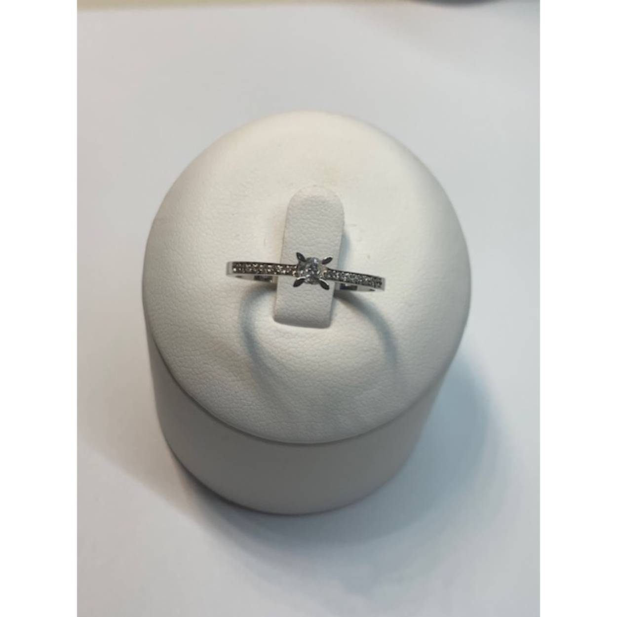 14 Karaat wit gouden ring bezet met briljant geslepen diamanten. 
3.1mm 0.11 karaat & 16x0.01 karaat. 