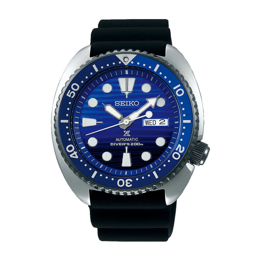 Seiko Prospex duikershorloge met stalen kast, dag en datum, zwarte siliconen band, prachtige diepblauwe wijzerplaat en lunet met lumibrite wijzers en index.
Waterdichtheid: 20 ATM