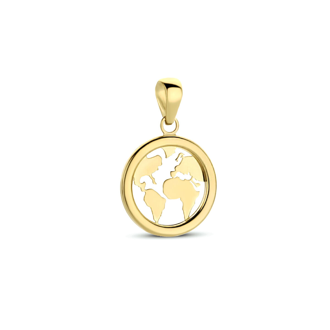 14k Geelgouden hanger uitgevoerd in de vorm van een wereldbol. De hanger heeft een totale hoogte van 1.7cm en een diameter van 11mm.