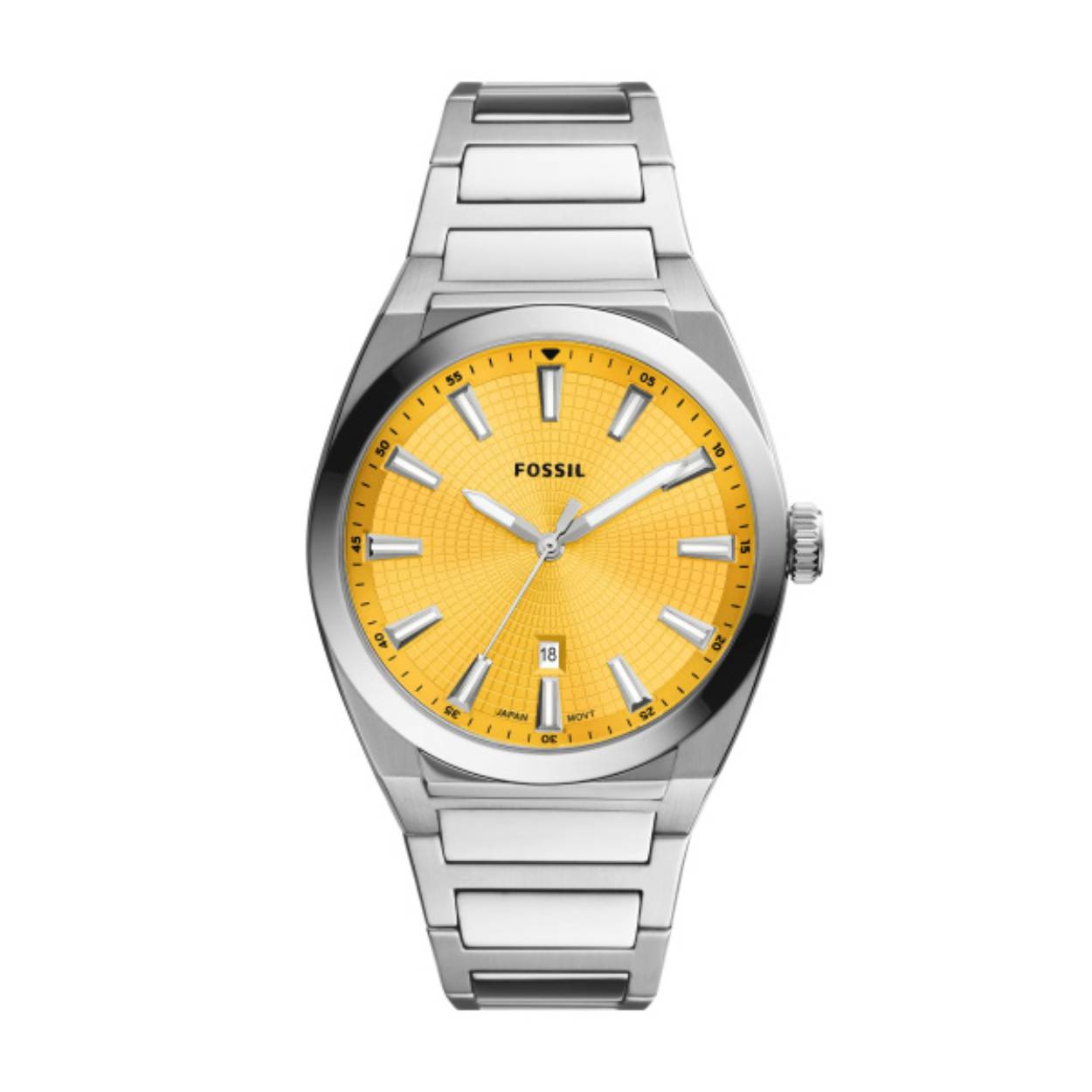 Everett roestvrij stalen horloge met drie wijzers en gele wijzerplaat.