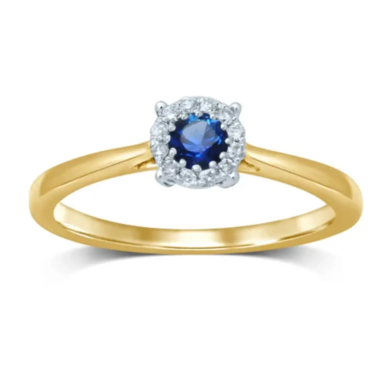 geelgouden dames ring met blauw saffier en diamant