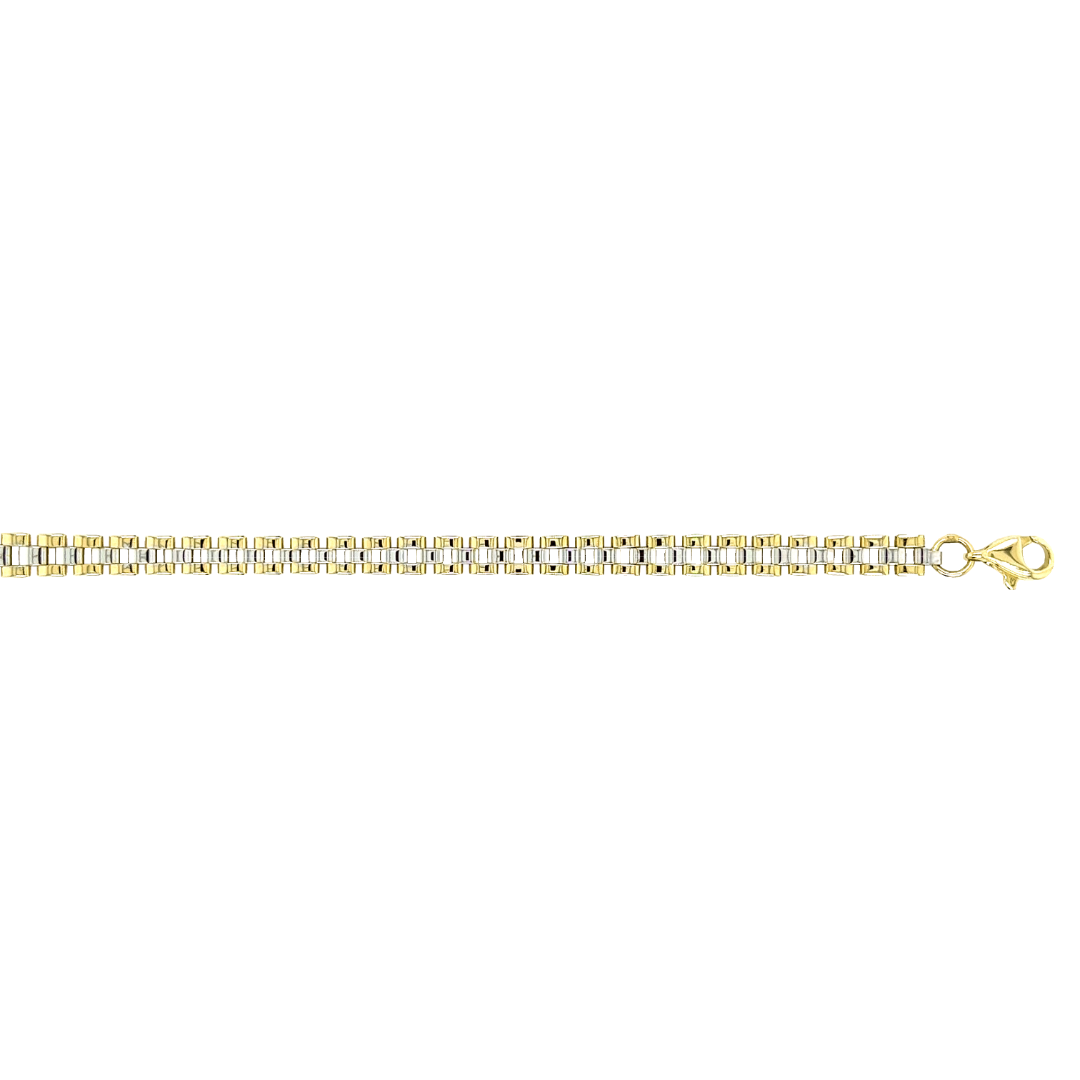 Deze 14-karaats bicolor gouden Rolex schakelarmband is ontzettend elegant. De armband bestaat uit drie rijen met licht gebolde schakelstukken. De armband is fijn gepolijst en heeft hierdoor een mooie glans. De middelste schakelstukken zijn witgoud van kleur en de buitenste schakelstukken zijn geel goud van kleur.