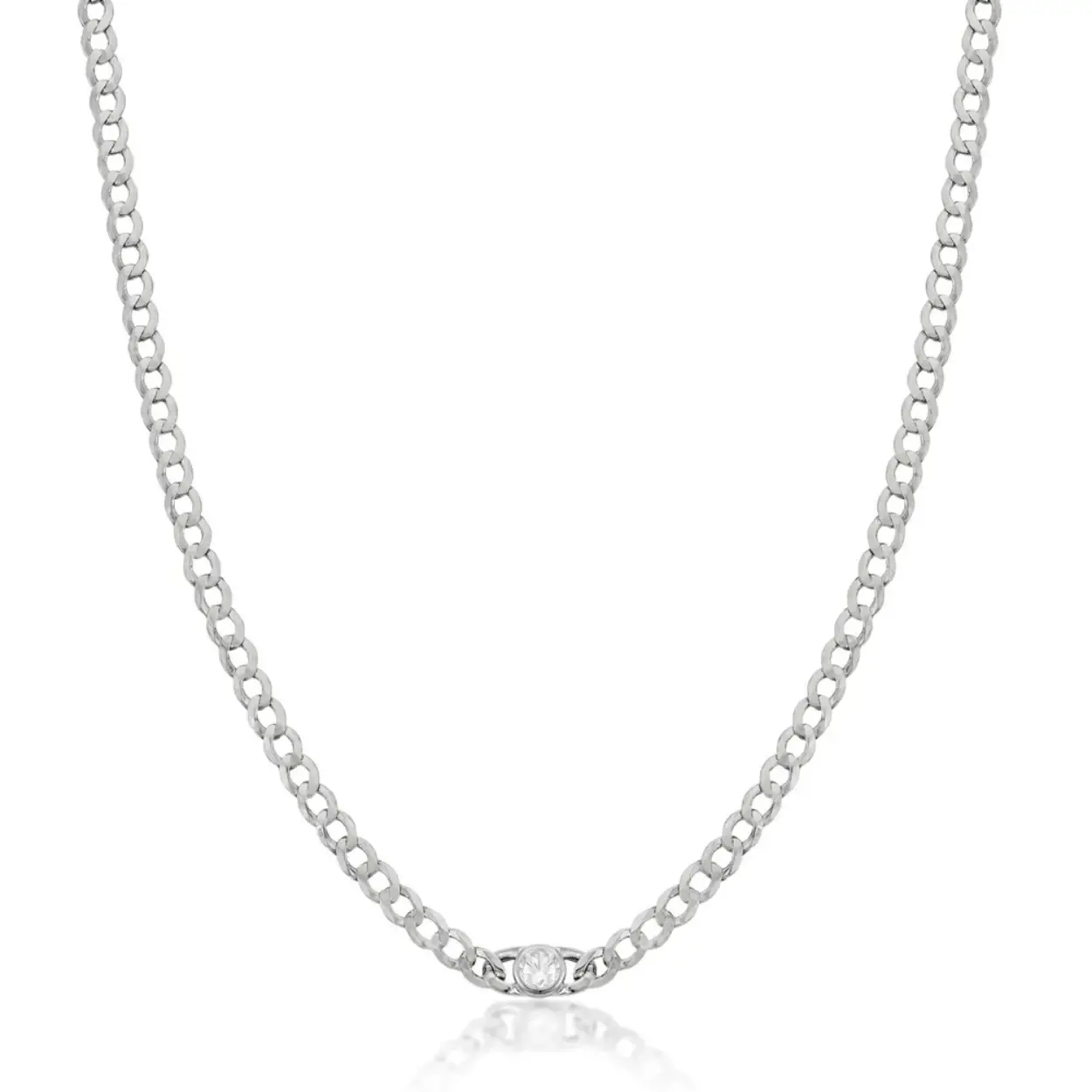 Sterling silver smooth link chain necklace with zirconia detail. The ideal design to complement your looks this season and always carry it with you. Silver chain style necklace with smooth links design with zirconia detail in the center, a must-have design that you will love and you can combine with the matching bracelet!
