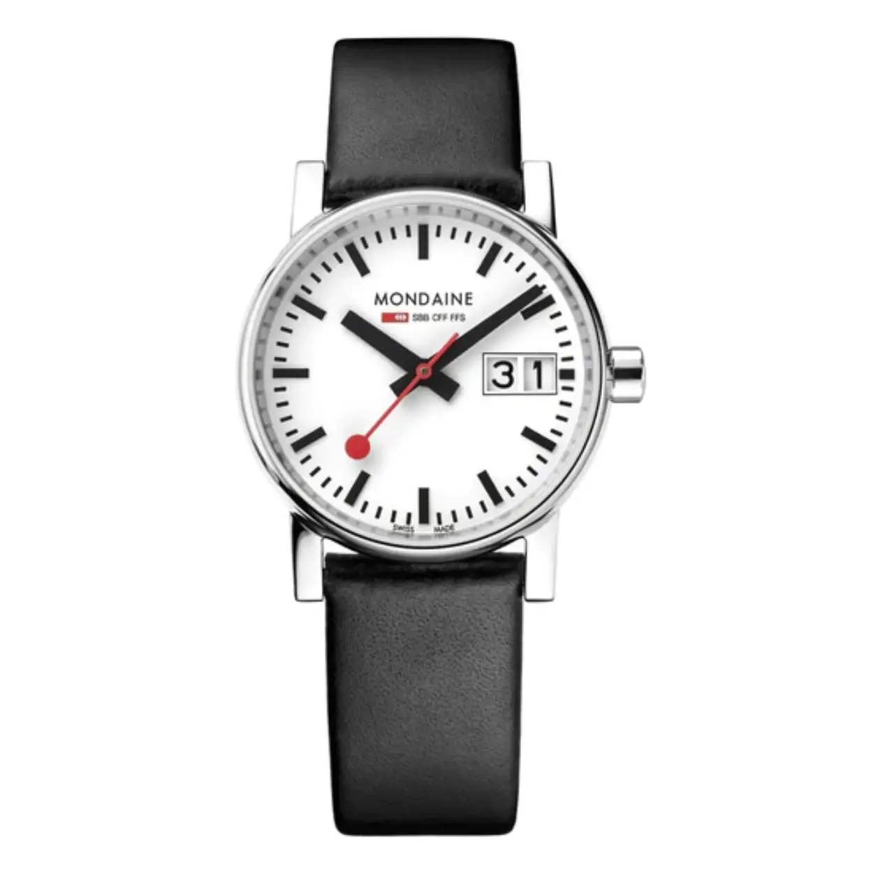 Evolutionair ontwerp.
De harmonieus gevormde kast van gepolijst roestvrij staal van de Mondaine Official Swiss Railways evo2 belooft maximaal draagcomfort. Het iconische ontwerp van dit klassieke horloge kenmerkt zich door de goed afleesbare wijzerplaat, die wordt afgerond door de grote datumweergave. Het horloge heeft een zwarte vegan lederen band. Deze laatste bestaat uit 75% plantaardig eco-composietmateriaal en 25% gerecycled PET.