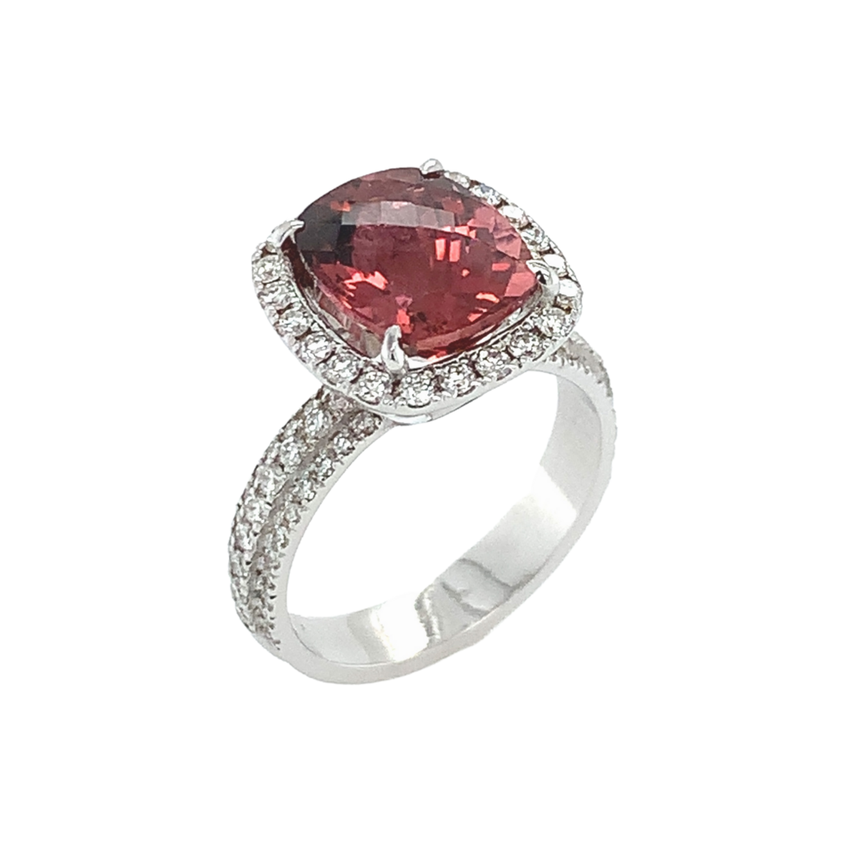 BAGUE OR BLANC 18k TOURMALINE ROSE 3.36CT  ET DIAMANTS 0,72 FVS1