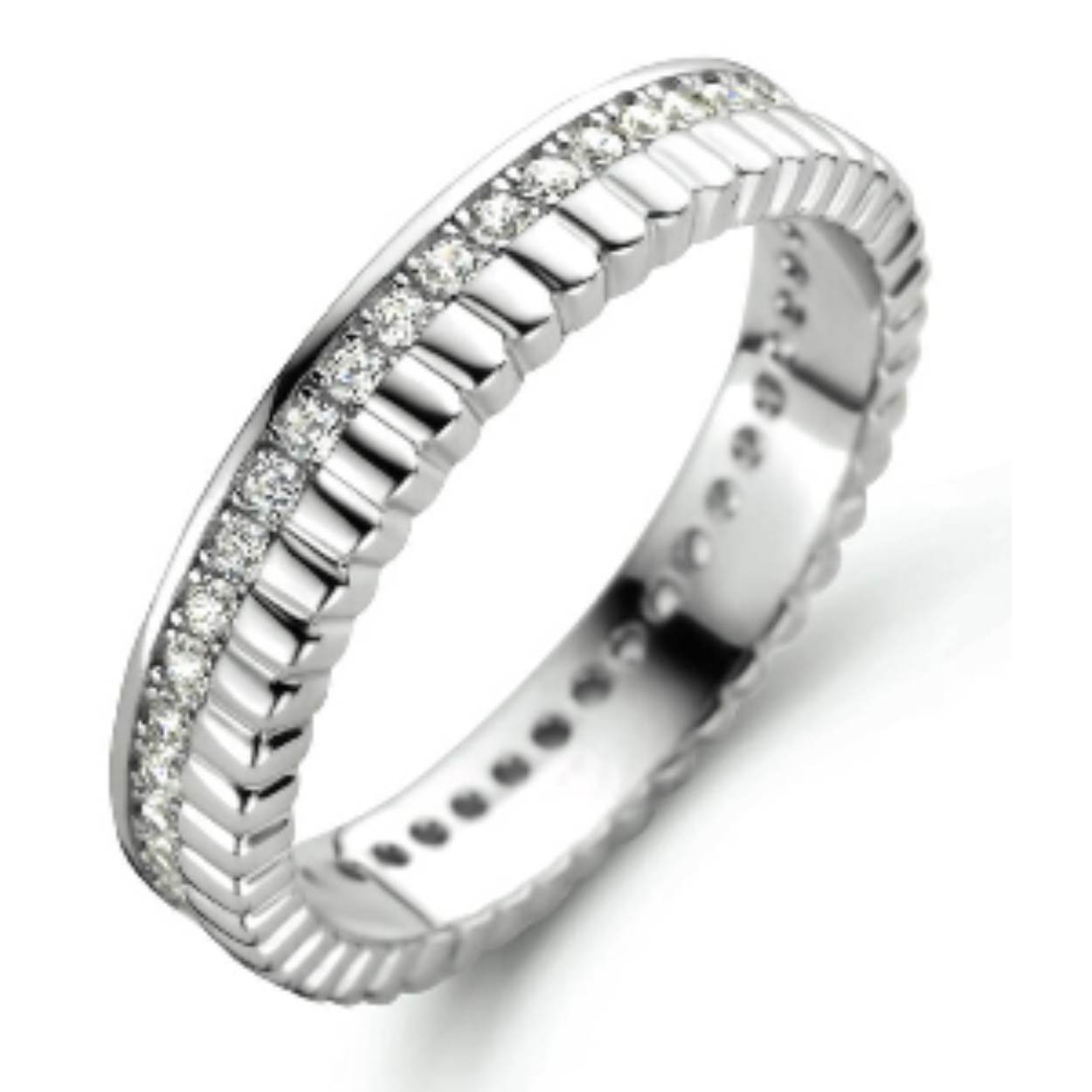 925 Gerhodineerd zilveren ring uitgevoerd met schitterende zirkonia. De ring heeft een breedte van 4.0mm.