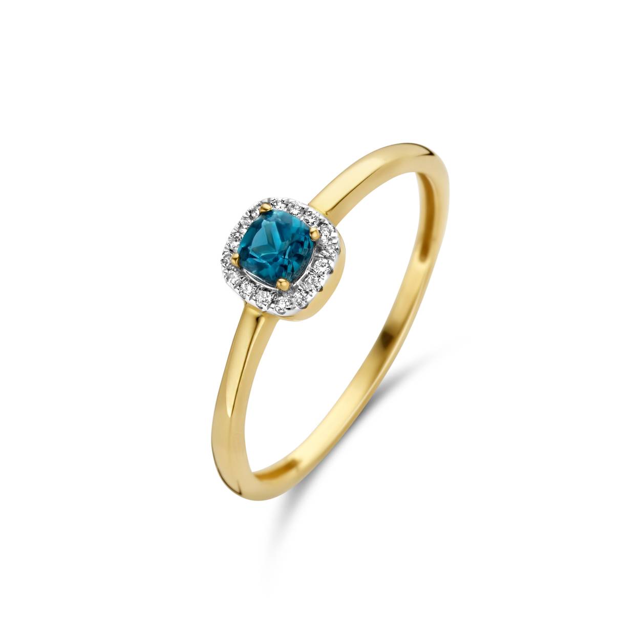 Blush Diamonds Ring 14k Geelgoud met een topaas omringd met diamantjes.
