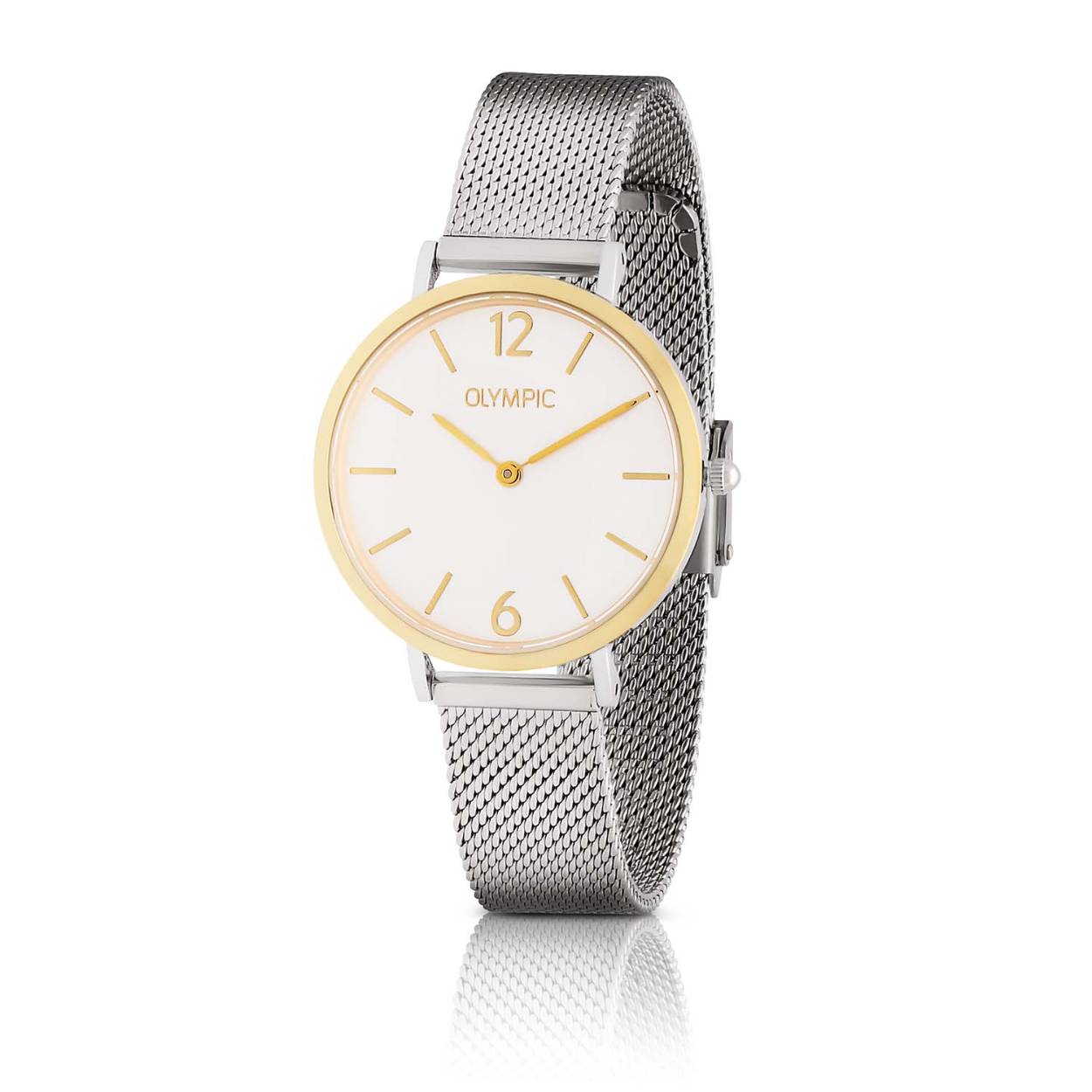 Olympic OL66DSS019B SANNE Horloge - Staal - Staal- Bicolor - 32mm 
Dit unieke Olympic horloge met artikelnummer: OL66DSS019B is een stijlvol dameshorloge. De stalen kast heeft een gladde goudkleurige bezel en een witte wijzerplaat. De uursaanduiding is verfijnd door de strakke wijzers en streepjes en de arabische 12 en 6 cijfers. Dit geeft het horloge een chique uiterlijk. Aan de stalen kast zit een zilverkleurige milanese band met een druksluiting. Het horloge heeft een mineraalglas, een doorsnede van 32mm en is 3ATM.

Waterdichtheid 10ATM
Dit horloge is bestand tegen water bij het zwemmen en douchen. Dit horloge is niet bestand tegen (grote) waterdruk dus je kunt er niet mee duiken.
Waterdichtheid  5ATM
Dit horloge is regen en spatwaterdicht. Niet geschikt om mee te zwemmen en douchen.
Waterdichtheid 3ATM
Dit horloge is spatwaterdicht. Niet geschikt om mee te zwemmen en douchen.

Het merk:
Een mooi horloge hoeft niet duur te zijn! Het Nederlandse horlogemerk Olympic levert stoere chronografen, slimline series, digitale uurwerken en elegante dameshorloges. De prijs-kwaliteitverhouding staat bij Olympic hoog in het vaandel met prijzen die uiteenlopen van € 34,95 tot en met € 159,00.

100% Nederlands ontwerp, waterdicht en standaard 3 jaar fabrieksgarantie.

Specificaties:
- Ronde kast 32mm
- Stalen horlogekast
- Witte wijzerplaat
- Zilverkleurige milanese band
- 3ATM 
- Standaard 3 jaar fabrieksgarantie
- Mineraalglas