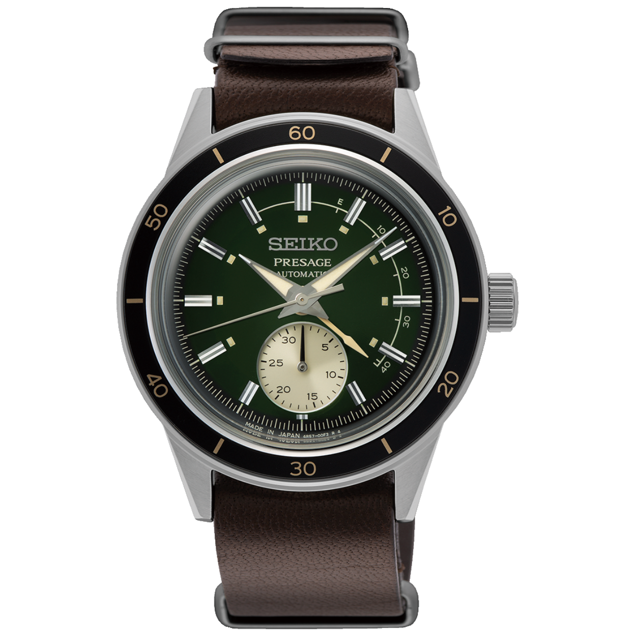 Design
Presage Style 60's
Het ontwerp van de Presage Style 60's serie is geïnspireerd op de Seiko Crown Chronograph, Seiko's en Japan's eerste polshorloge met stopwatchfunctie die in 1964 werd geïntroduceerd. De serie biedt horloges met wijzerplaten in verschillende kleuren die doen denken aan de trends uit de jaren 60. De uur indexeringen zijn scherp gesneden en de wijzerplaten zijn hierdoor duidelijk en gemakkelijk af te lezen. De zijkant van de horlogekast is zeer zorgvuldig in hoogglans gepolijst.