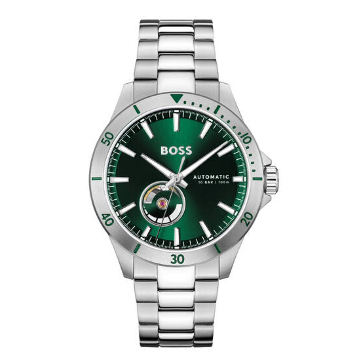 BOSS HB1514200 TROPER AUTOMATIC Herenhorloge 42mm 
Dit BOSS horloge uit de TROPER AUTOMATIC serie met artikelnr: HB1514200 heeft een luxe sportieve uitstraling. Zeer geschikt voor de moderne stijlvolle man van nu. Het herenhorloge valt op door zijn stalen kast met een bezel met tachymeter en een groene sunray wijzerplaat met een open uitsparing waarin je het uurwerk ziet bewegen evenals de onderkant van het horloge. Opvallend zijn de wijzers die met lumibrite zijn ingelegd. Aan de kast zit een stalen mat glanzende schakelband met vouwsluiting. Het horloge heeft een doorsnee van 42mm met een mineraalglas en is 10ATM. 

HET MERK:
HUGO BOSS is afgestemd op levensstijlen waar het gaat om kwaliteit en precisie. Het wereldwijde fashionlabel is verdeeld in twee merken: BOSS en HUGO. Het merk BOSS biedt geavanceerde, moderne horloges gericht op kwaliteit en design om een onberispelijke look te creëren – of het nu zakelijk, casual of sportief is. De horloge collectie van BOSS is perfect afgestemd op levensstijlen waar het gaat om kwaliteit en precisie. BOSS is op maat gemaakt in een onberispelijke stijl.

Blijf stijlvol bij de tijd. Voor de BOSS-vrouw is stijl het handelsmerk en draait alles om
details. Breng uw look naar een hoger niveau met onze nieuwe en kenmerkende horlogecollectie.

SPECIFICATIES:
- Mineraalglas
- Ronde kastvorm, Ø 42mm
- Stalen horlogekast
- Groene wijzerplaat
- Stalen schakelband
- 10ATM