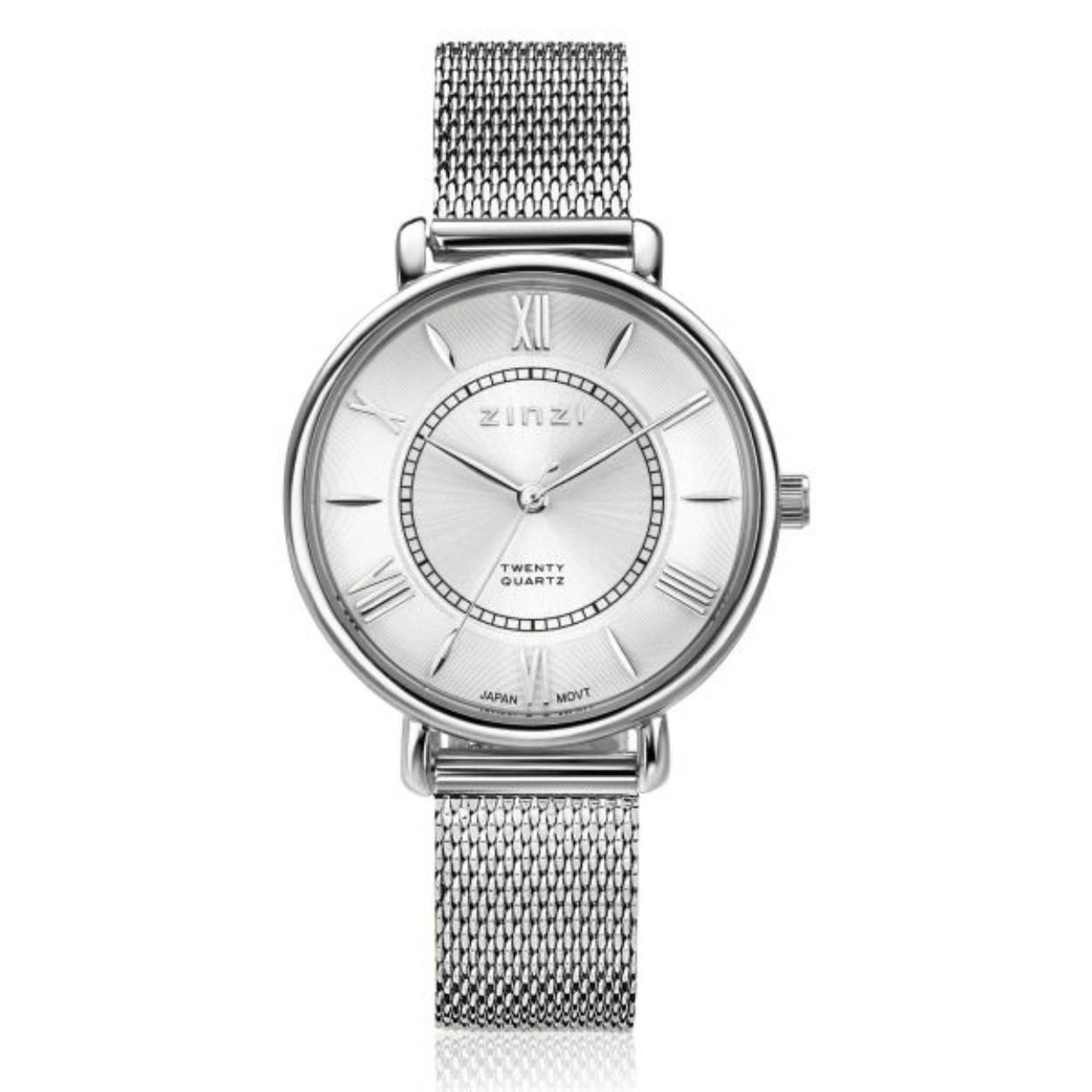 ZINZI Twenty horloge met zilverkleurige wijzerplaat, stalen kast 34mm en stalen meshband ZIW2002
