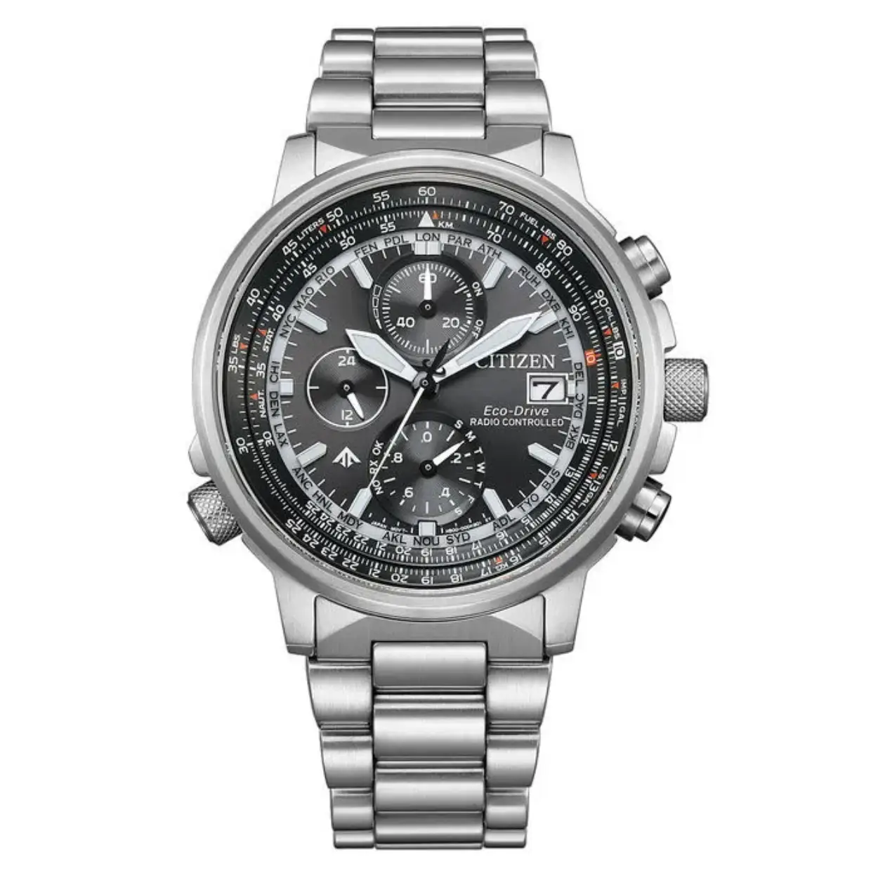 Citizen horloge AT8300-58E Radio Controlled Promaster Sky Eco Drive Het nieuwe model AT8300-58E is radiogestuurd en uitgerust met een interne schuifregel of draaibare lunette voor het bepalen van het brandstofverbruik of de tankinhoud.