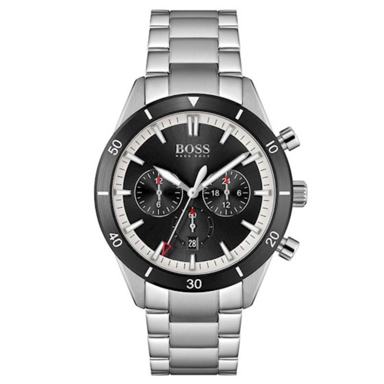 Heren Horloge met zwarte wijzerplaat en zilverkleurige roestvrij stalen schakel band.