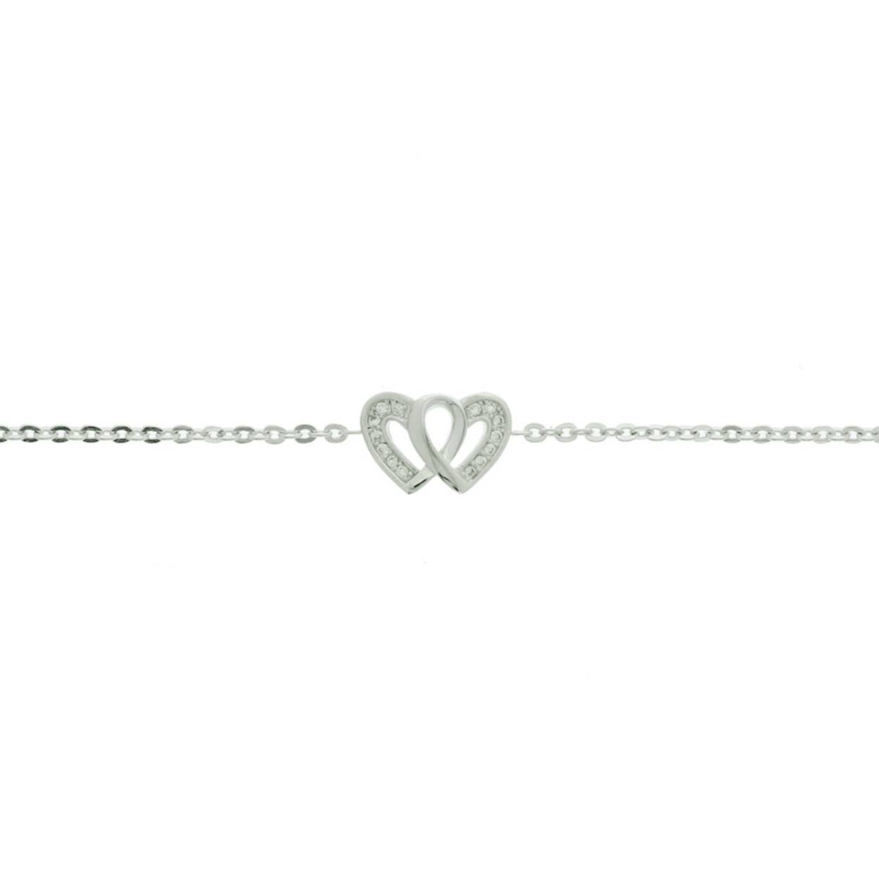 Gerhodineerd zilveren armband met hartjes en zirkonia. De lengte bedraagt 16.5cm met 2.5cm extensie.