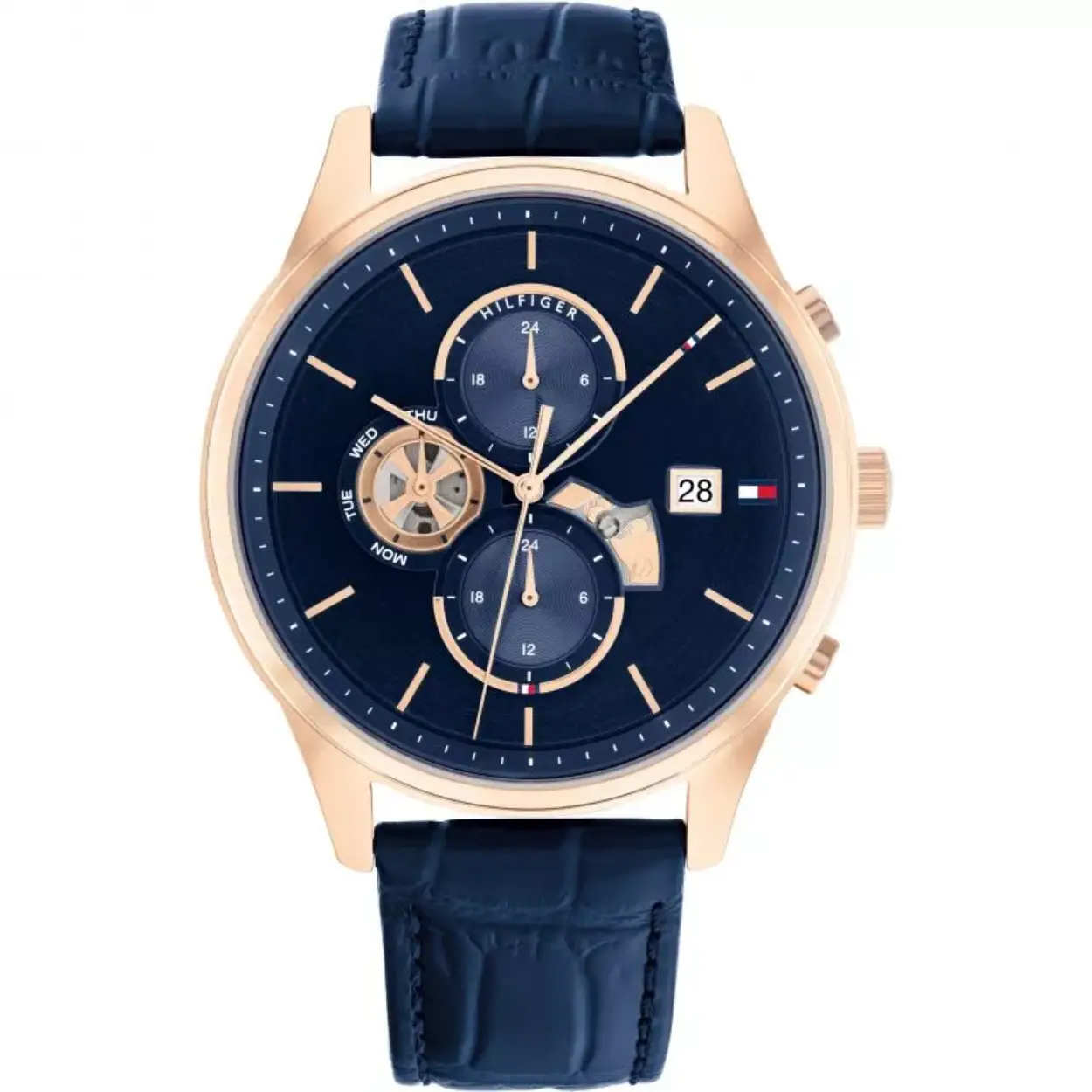 Prachtige Tommy Hilfiger horloge met een roestvrije rosékleurige kast met een half open uurwerk. Het horloge is voorzien van een blauw lederen band en ook met een dag en datum functie. 