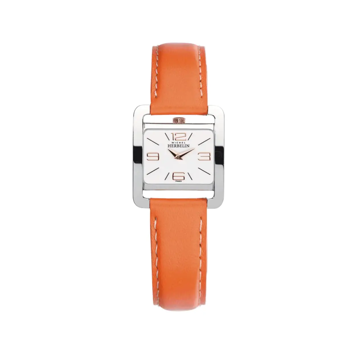 Damesuurwerk van Herbelin uit de 'V Avenue' collectie met witte wijzerplaat en rosékleurige uuraanduiding en kroon.