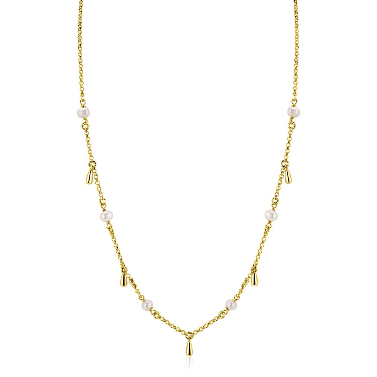 ZINZI gold plated zilveren ketting met kleine witte zoetwaterpareltjes en druppelvormige hangertjes. De lengte is te vari&euml;ren tussen 42 en 45cm. De ketting is vervaardigd van eerste gehalte zilver (925) en extra geel verguld.