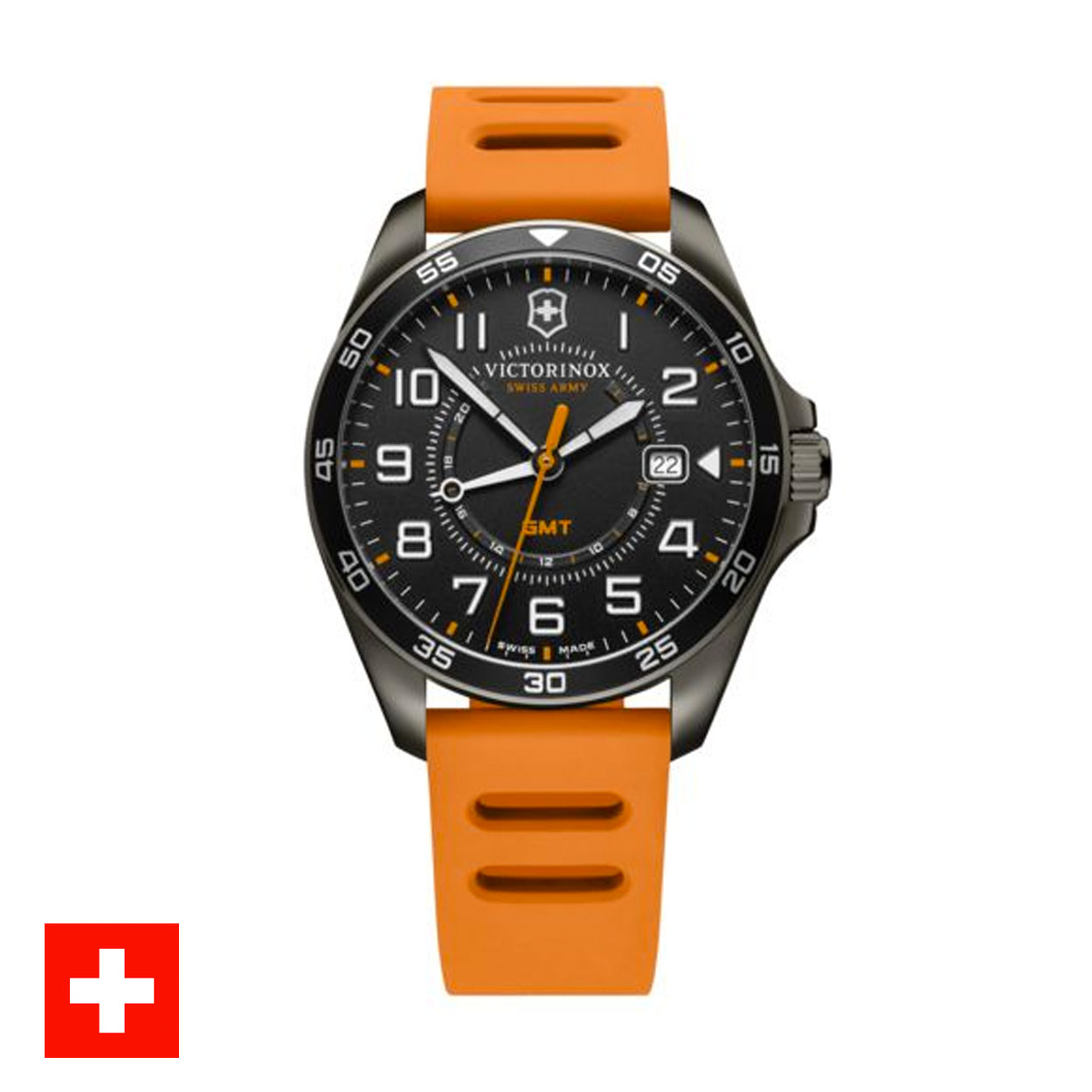 Victorinox FIELD FORCE GMT, gun metal, black dial, orange rubber strap.