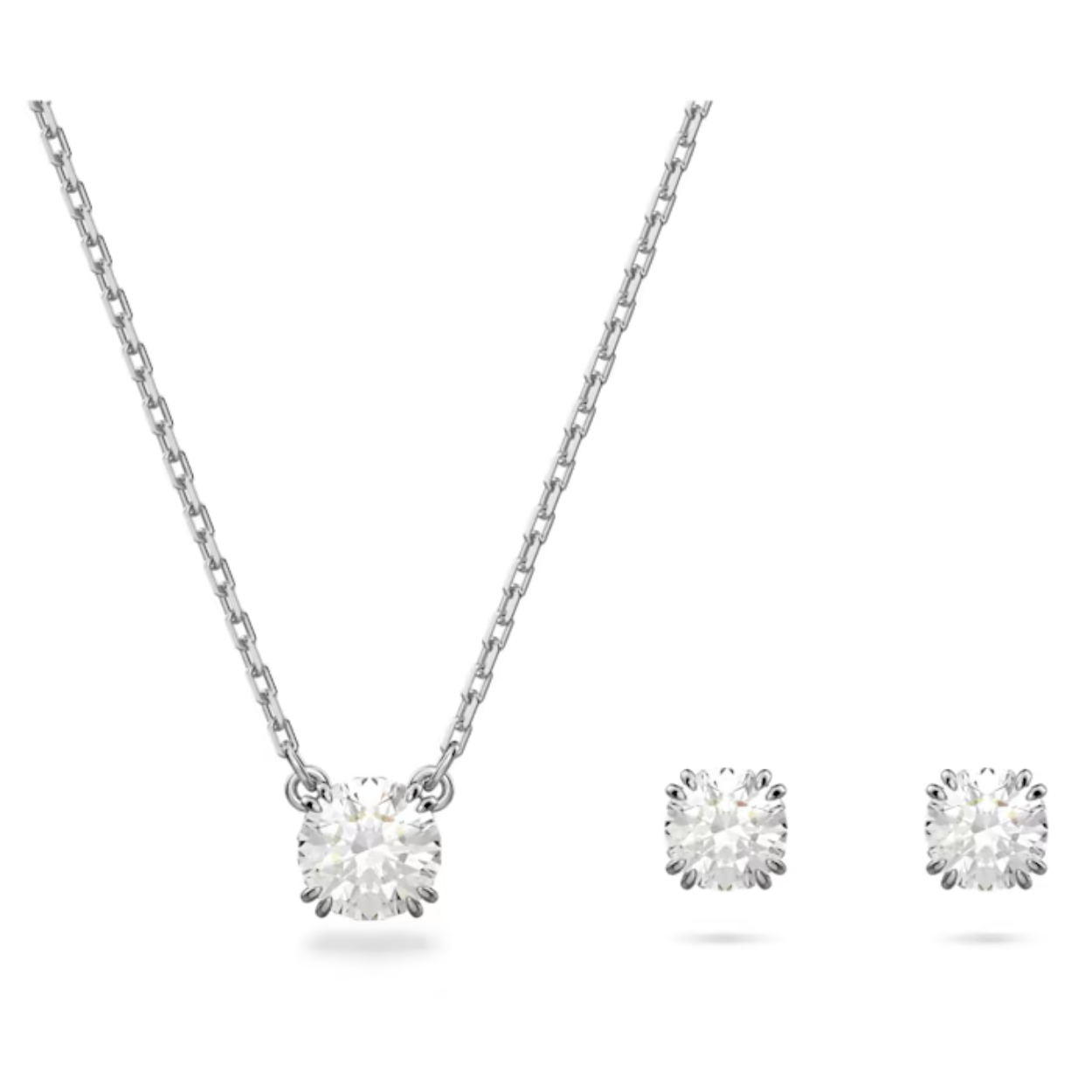 Deze schitterende set van een ketting en oorbellen is ge&iuml;nspireerd op verfijnde sieraden. Elk sieraad bevat prachtige ronde stenen met een briljantslijpvorm in verfijnde dubbele klauwzettingen en is afgewerkt met een rodium toplaag. Ideaal als cadeau voor een speciaal iemand.