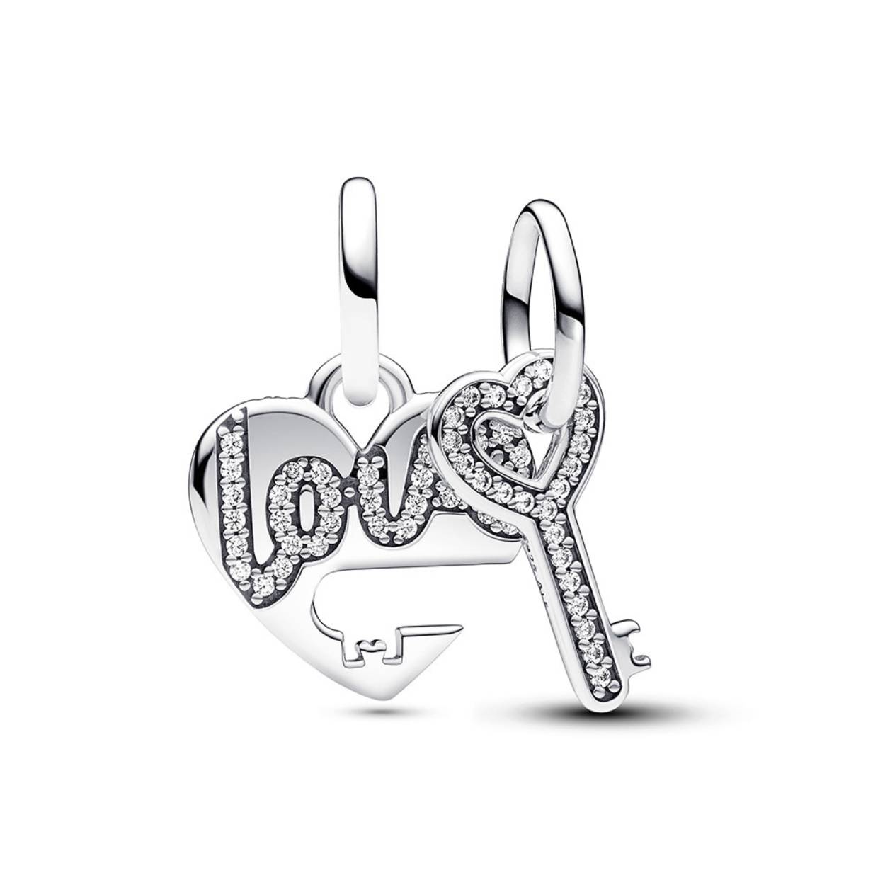 Love Heart en Key Sterling Zilver Splittable Dange met Clear Cubic Zirconia