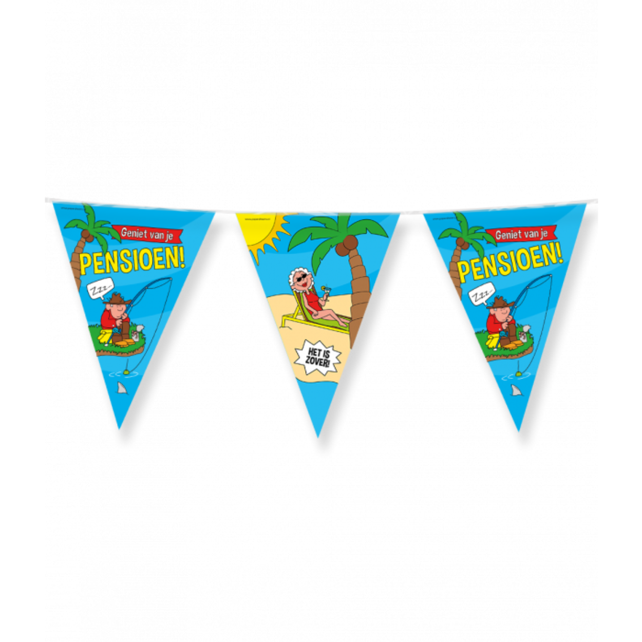 De vlaggenlijn Pensioen is de ideale versiering op een feestje voor iemand die van zijn of haar welverdiende pensioen gaat genieten. Door de gebruikte kleuren en het vrolijke design vallen deze party vlaggen dan ook extra goed op! De vlaggetjes zijn gemaakt van folie, hebben een lengte van 10 meter