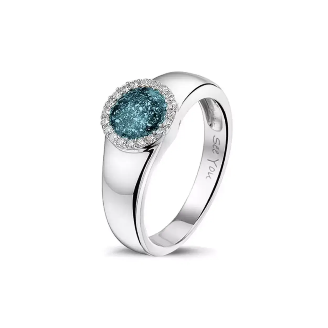 Zilveren ring met zirkonia. Kan worden gevuld met hars en as. Verkrijgbaar in verschillende materialen.