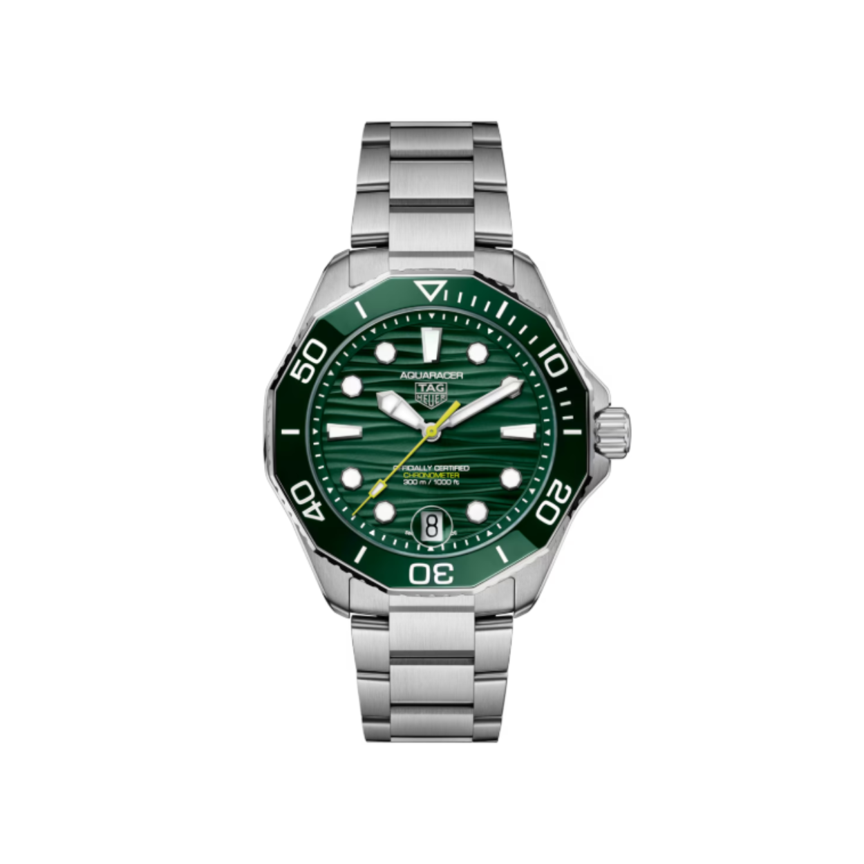 Dit TAG Heuer horloge behoort tot de Aquaracer collectie.
Referentienummer: WBP5116.BA0013

Het TH31-00 uurwerk is COSC-Certified chronometer en heeft een powerreserve van 80 uur. De kast en band zijn gemaakt van edelstaal. Het horloge heeft een diameter van 42mm en is getest op een waterdichtheid van 30 atm / 300 m. Ultra-leesbaar dankzij de met Super-LumiNova® gevulde wijzers en indexen, de diepgroene wijzerplaat met golvend patroon en de levendige limoengroene secondewijzer die verwijst naar de mysteries van de oceaan. De kast van fijn geborsteld, gepolijst staal is gemaakt om weerstand te bieden en integreert een groene keramische unidirectionele ring met een schaal van 60 minuten die een ongeëvenaarde ergonomie biedt. Het horloge heeft krasvast saffierglas met anti-reflectieve coating.

Begin aan je volgende maritieme avontuur met de TAG Heuer Aquaracer Professional 300 aan je zijde. Aangedreven door het COSC-gecertificeerde kaliber TH31-00, is dit horloge van 42 mm uw standvastige metgezel voor al uw zeereizen. Een geboren duiker.

Uw TAG Heuer is 24 maanden na aankoop beschermd onder fabricagegarantie. Door het horloge te registreren op MyTAGHeuer kunt u deze garantieperiode met nog eens 3 extra jaar verlengen!