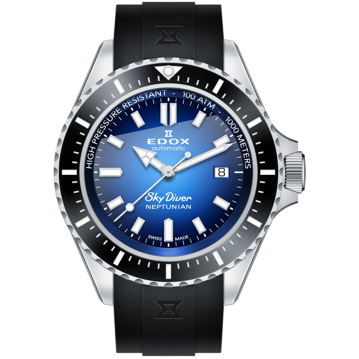 Edox 80120 3NCA BUIDN Skydiver Heren Horloge

Behuizing gemaakt van roestvrijstaal, in de kleur zilver

Horlogeband gemaakt van rubber, in de kleur zwart

Automatisch uurwerk- Datum weergave- Voorzien van saffierglas, zeer hard en vrijwel krasvrij

100 ATM waterdicht, geschikt om mee te zwemmen.- Breedte van de behuizing is 44 mm- Dikte van de behuizing is 15.6 mm