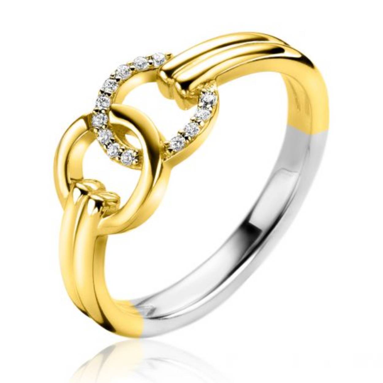 ZINZI zilveren ring in 14K geelverguld met twee met elkaar verbonden ronde vormen. De ene ronde schakel is bezet met witte zirconia's. De scheen heeft een sierlijke dubbele look. Vervaardigd van eerste gehalte zilver (925) en voorzien van een extra 14K geelgoudkleurige laag.